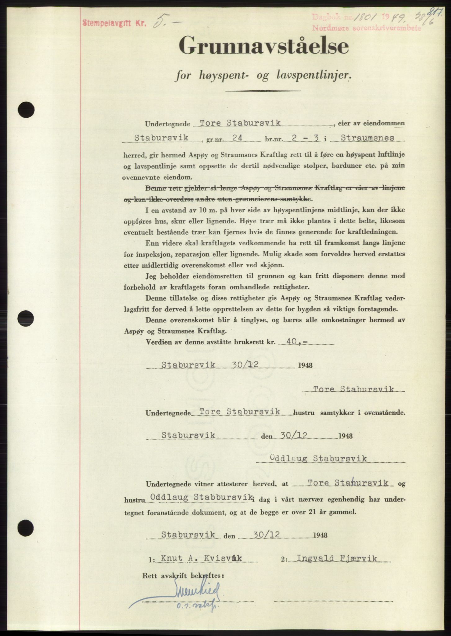 Nordmøre sorenskriveri, SAT/A-4132/1/2/2Ca: Pantebok nr. B101, 1949-1949, Dagboknr: 1801/1949