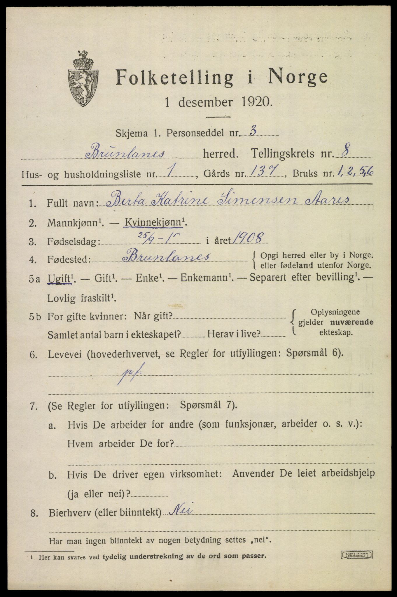 SAKO, Folketelling 1920 for 0726 Brunlanes herred, 1920, s. 7665