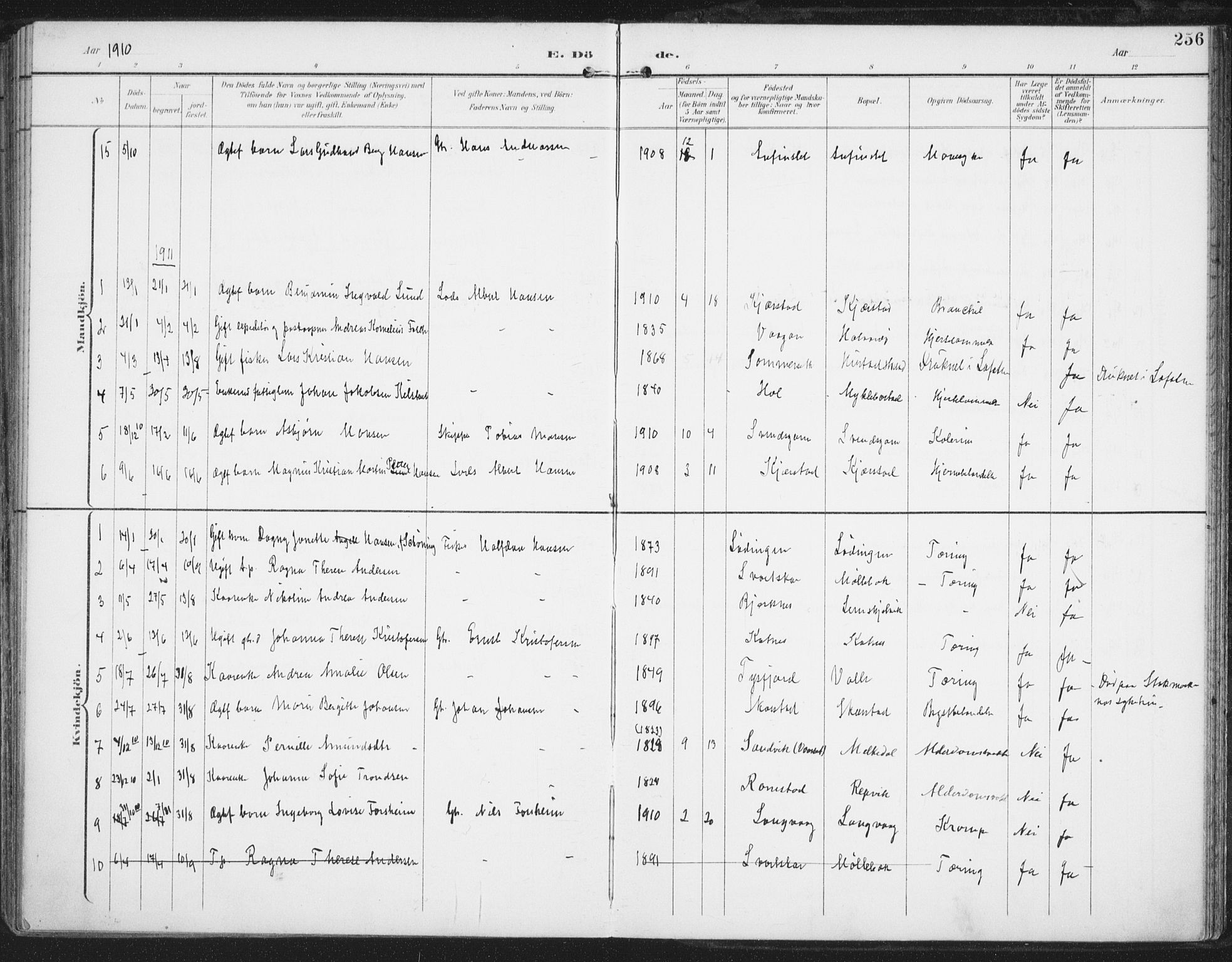 Ministerialprotokoller, klokkerbøker og fødselsregistre - Nordland, AV/SAT-A-1459/872/L1036: Ministerialbok nr. 872A11, 1897-1913, s. 256