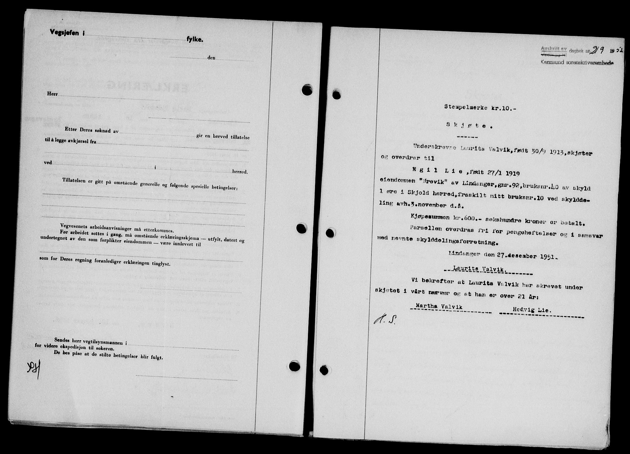 Karmsund sorenskriveri, SAST/A-100311/01/II/IIB/L0104: Pantebok nr. 84A, 1951-1952, Dagboknr: 219/1952