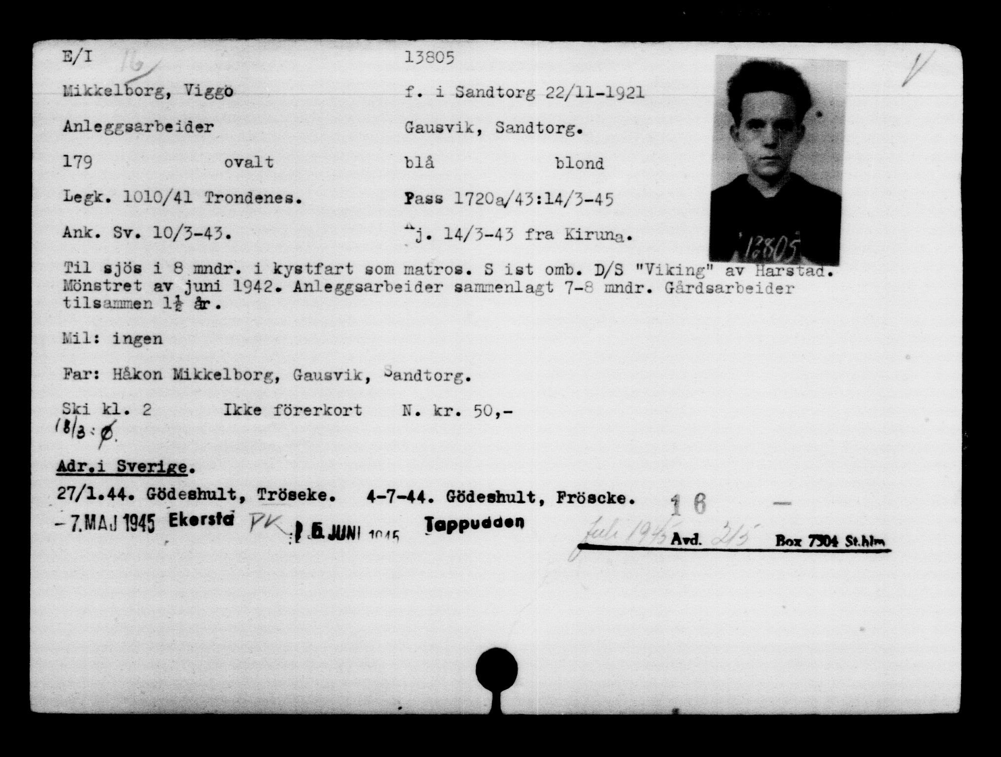 Utenriksstasjonene, Legasjonen i Stockholm, Flyktningkontoret, AV/RA-S-6753/V/Va/L0007: Kjesäterkartoteket, flyktninger med registreringsnr. 12700-15723, 1940-1945, s. 1260