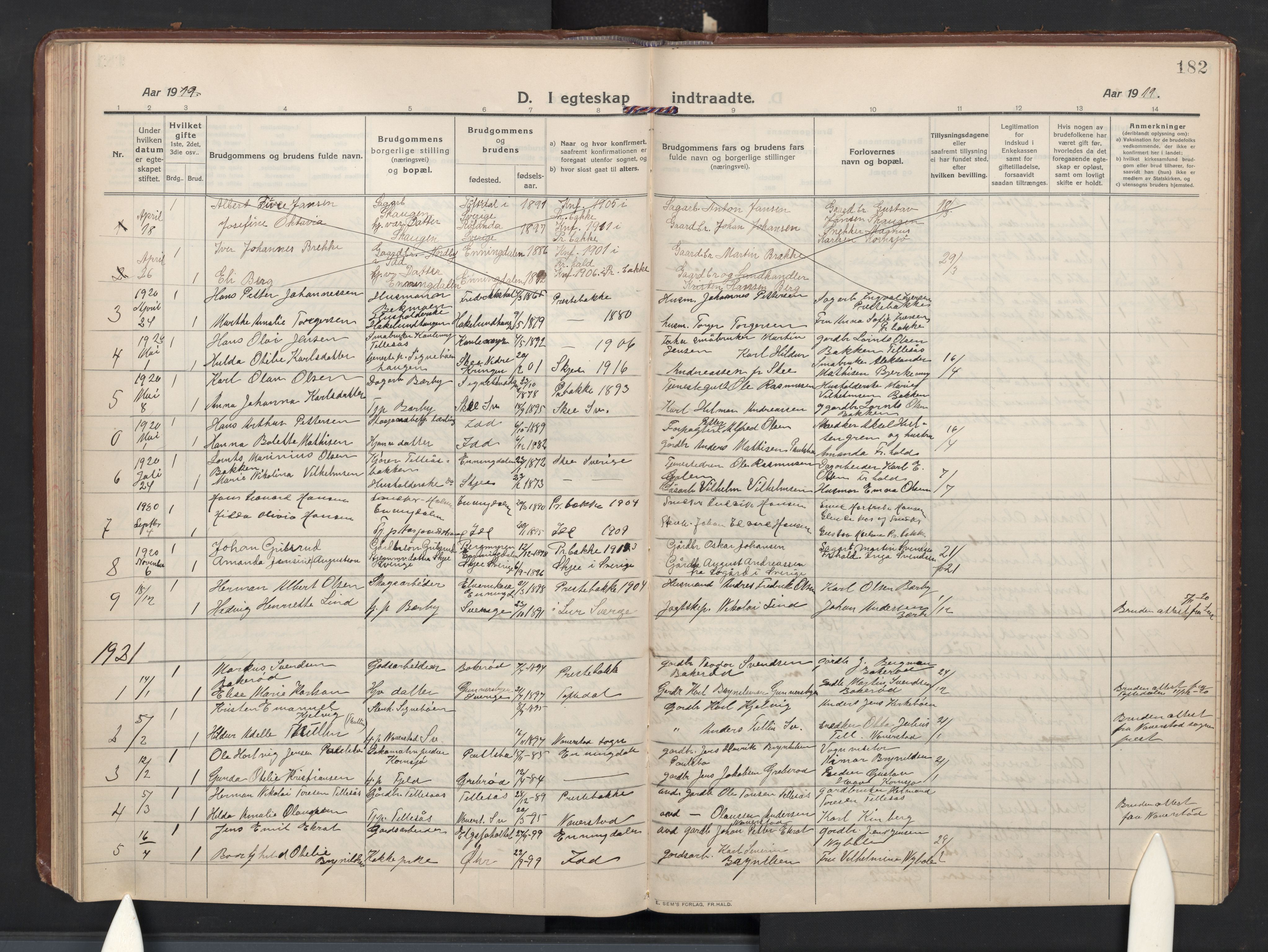 Idd prestekontor Kirkebøker, AV/SAO-A-10911/G/Gc/L0002: Klokkerbok nr. III 2, 1911-1932, s. 182
