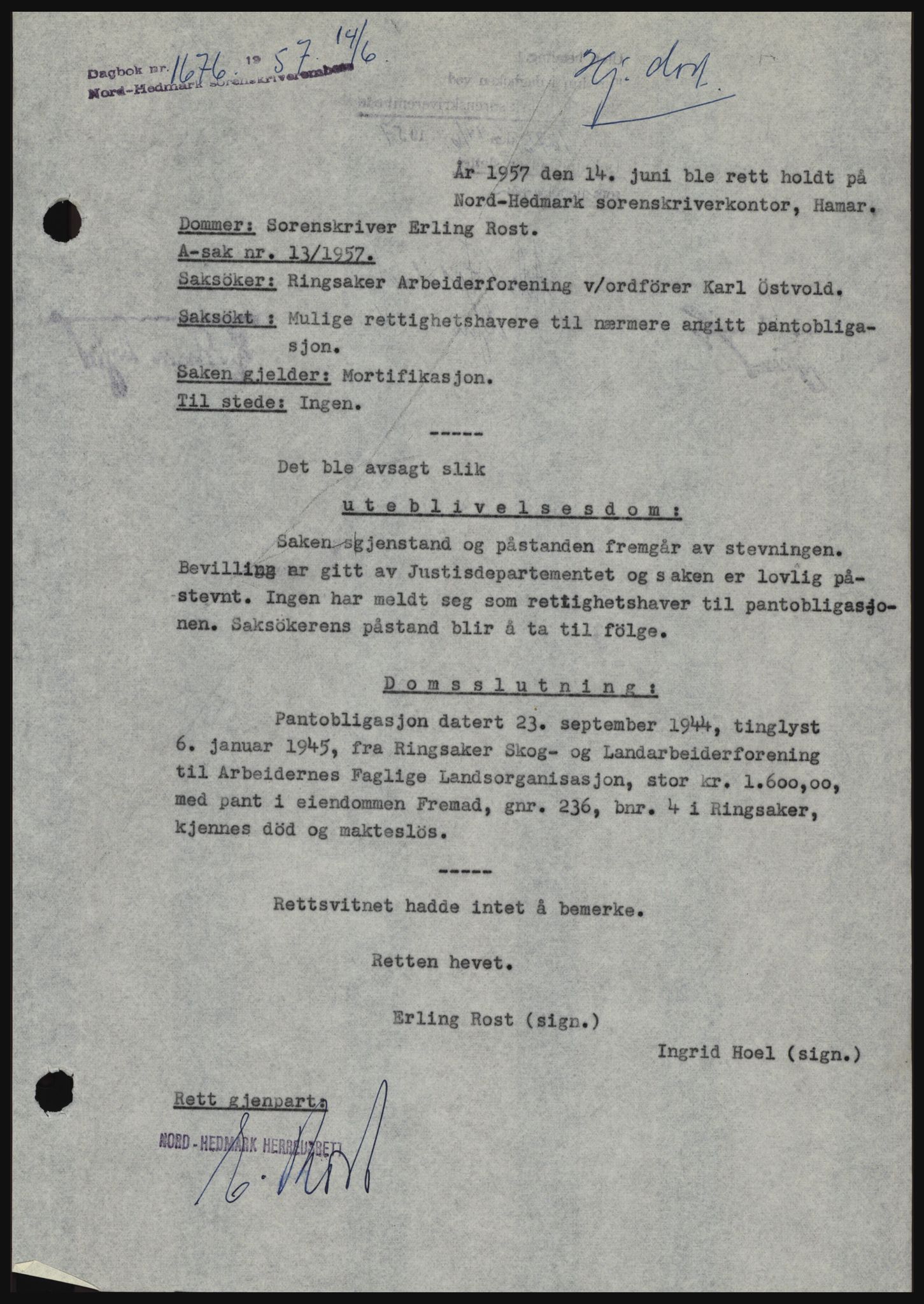 Nord-Hedmark sorenskriveri, SAH/TING-012/H/Hc/L0011: Pantebok nr. 11, 1956-1957, Dagboknr: 1676/1957
