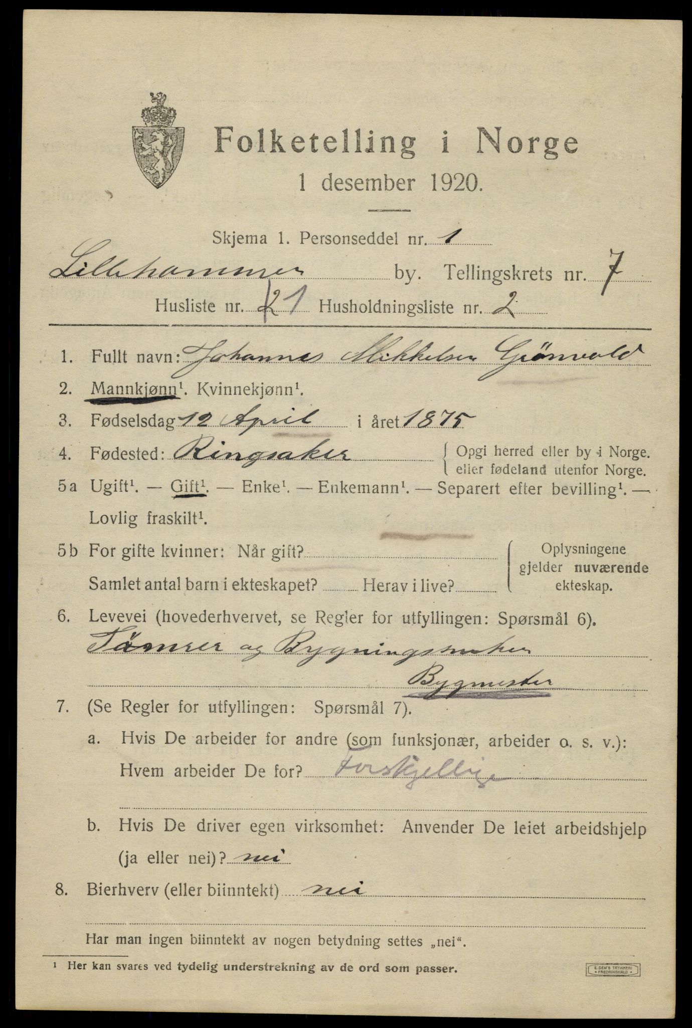 SAH, Folketelling 1920 for 0501 Lillehammer kjøpstad, 1920, s. 9418