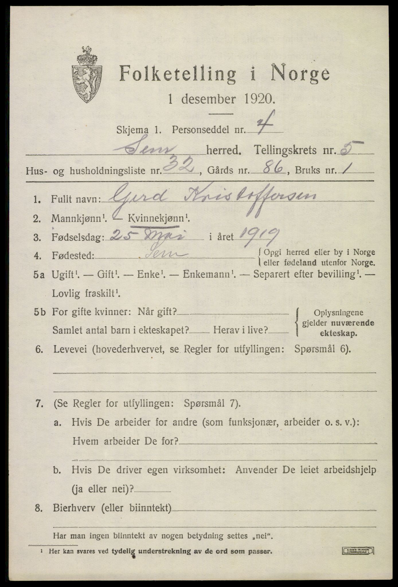 SAKO, Folketelling 1920 for 0721 Sem herred, 1920, s. 8151