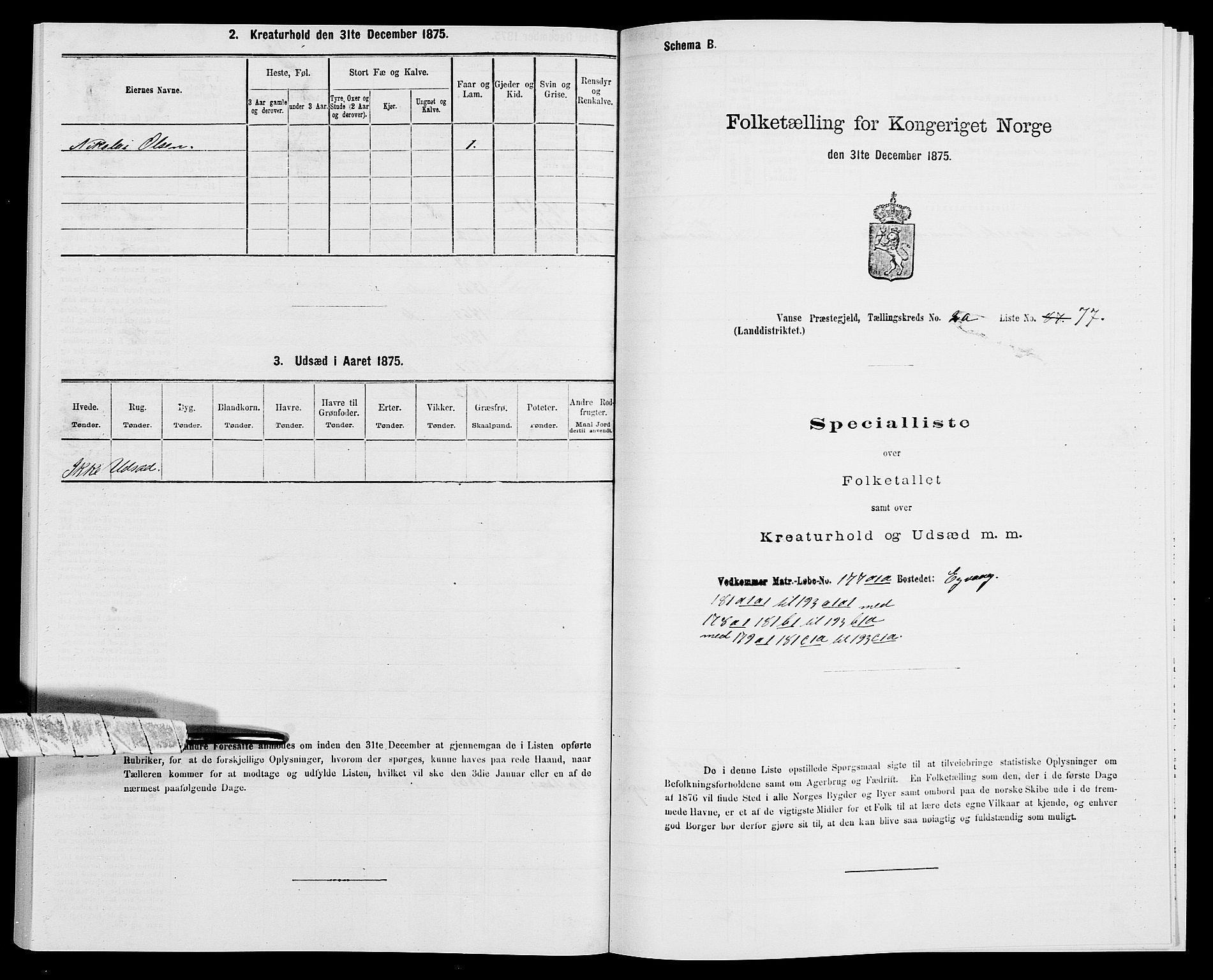 SAK, Folketelling 1875 for 1041L Vanse prestegjeld, Vanse sokn og Farsund landsokn, 1875, s. 454