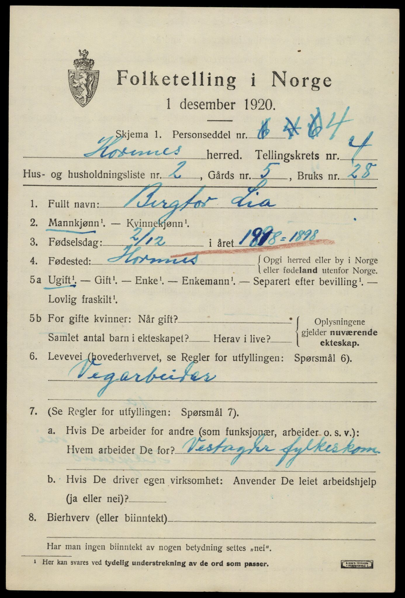 SAK, Folketelling 1920 for 0936 Hornnes herred, 1920, s. 1147