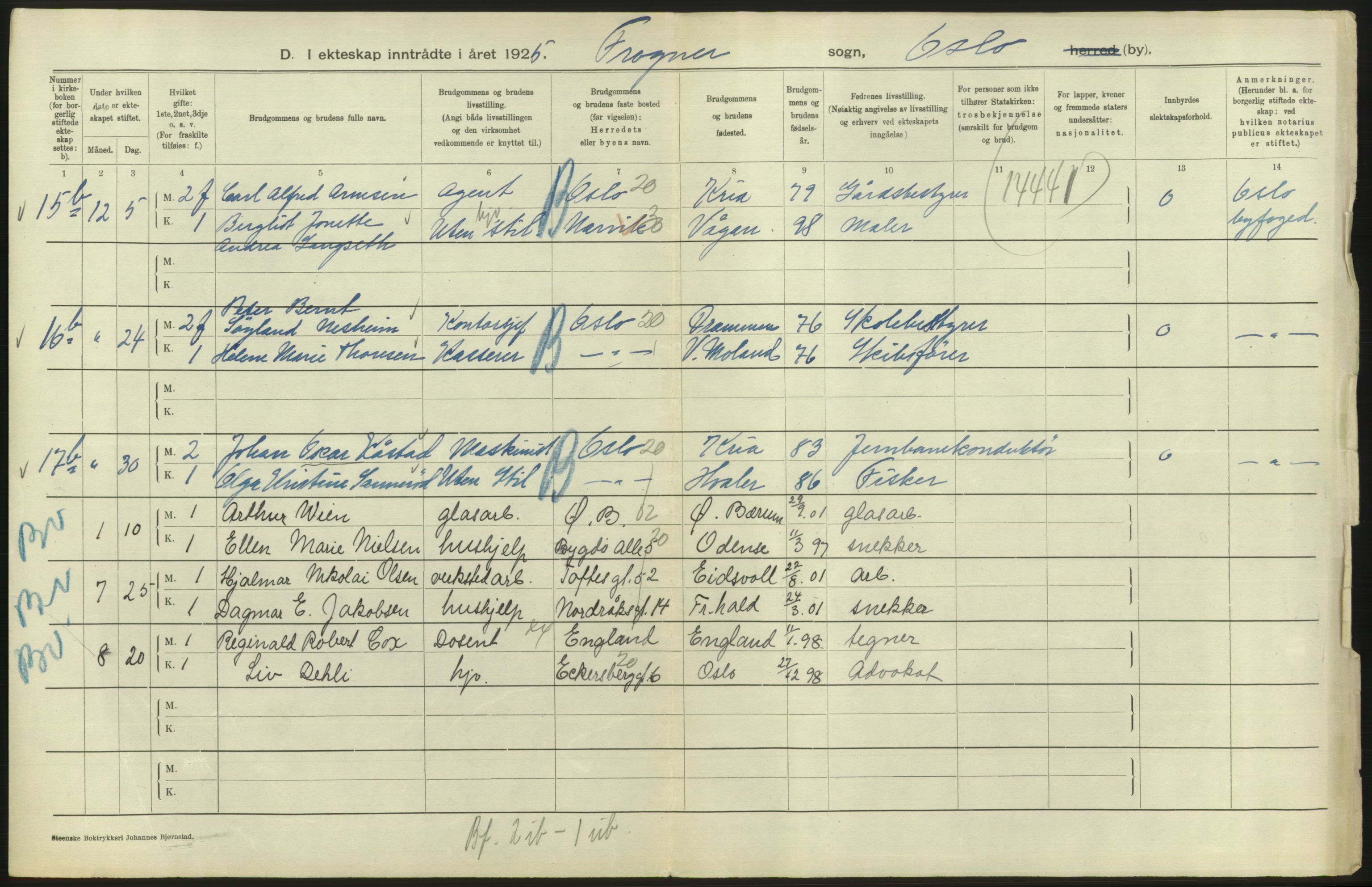 Statistisk sentralbyrå, Sosiodemografiske emner, Befolkning, RA/S-2228/D/Df/Dfc/Dfce/L0008: Oslo: Gifte, 1925, s. 234