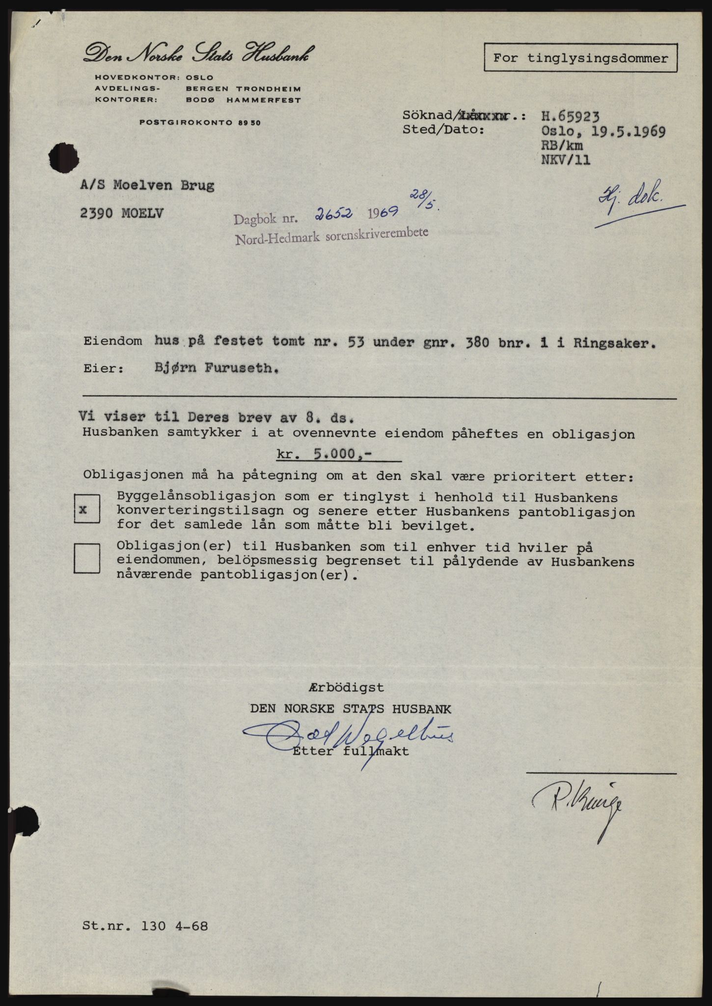 Nord-Hedmark sorenskriveri, SAH/TING-012/H/Hc/L0030: Pantebok nr. 30, 1969-1969, Dagboknr: 2652/1969