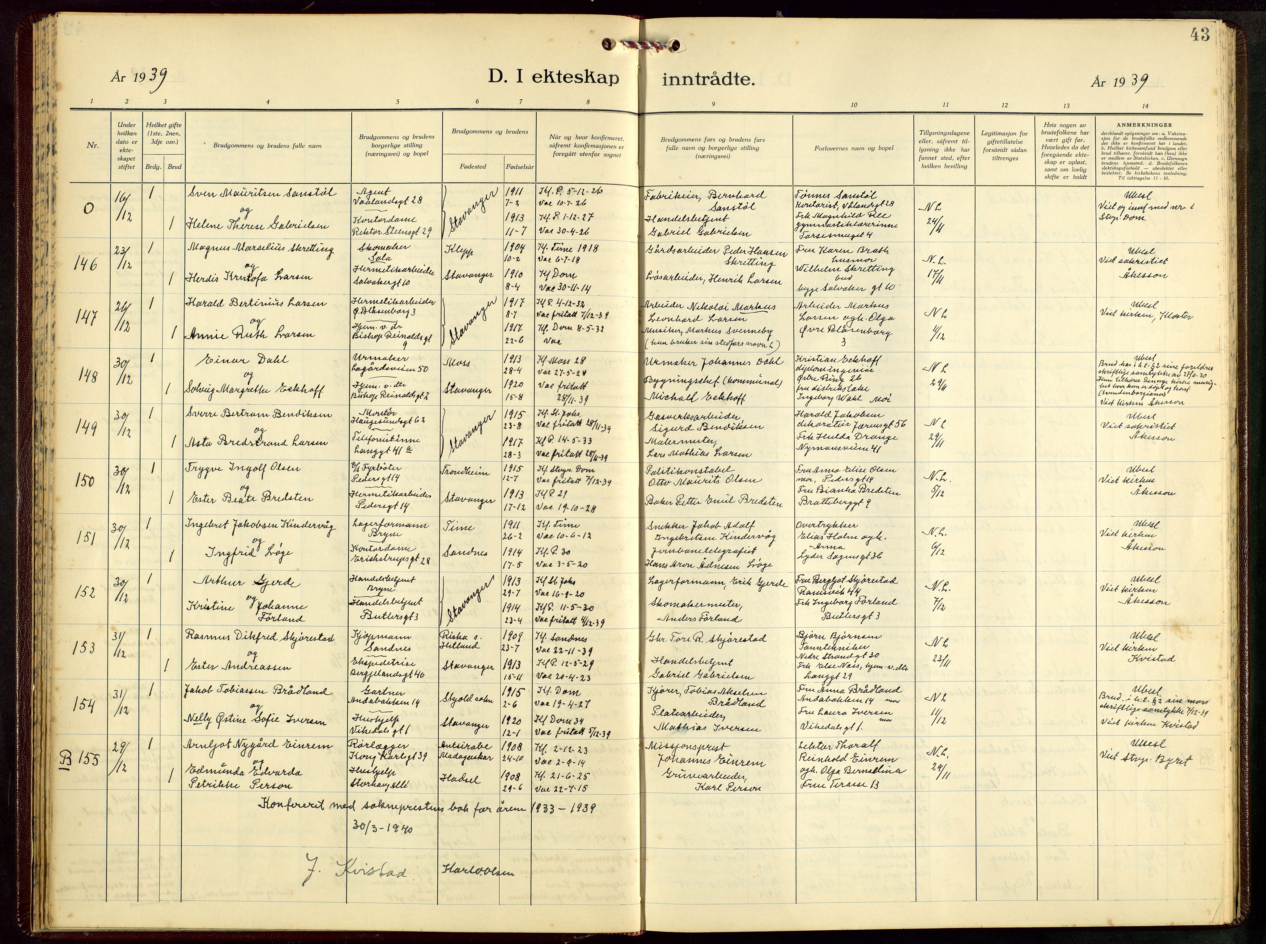 St. Petri sokneprestkontor, SAST/A-101813/001/30/30BB/L0012: Klokkerbok nr. B 12, 1936-1951, s. 43