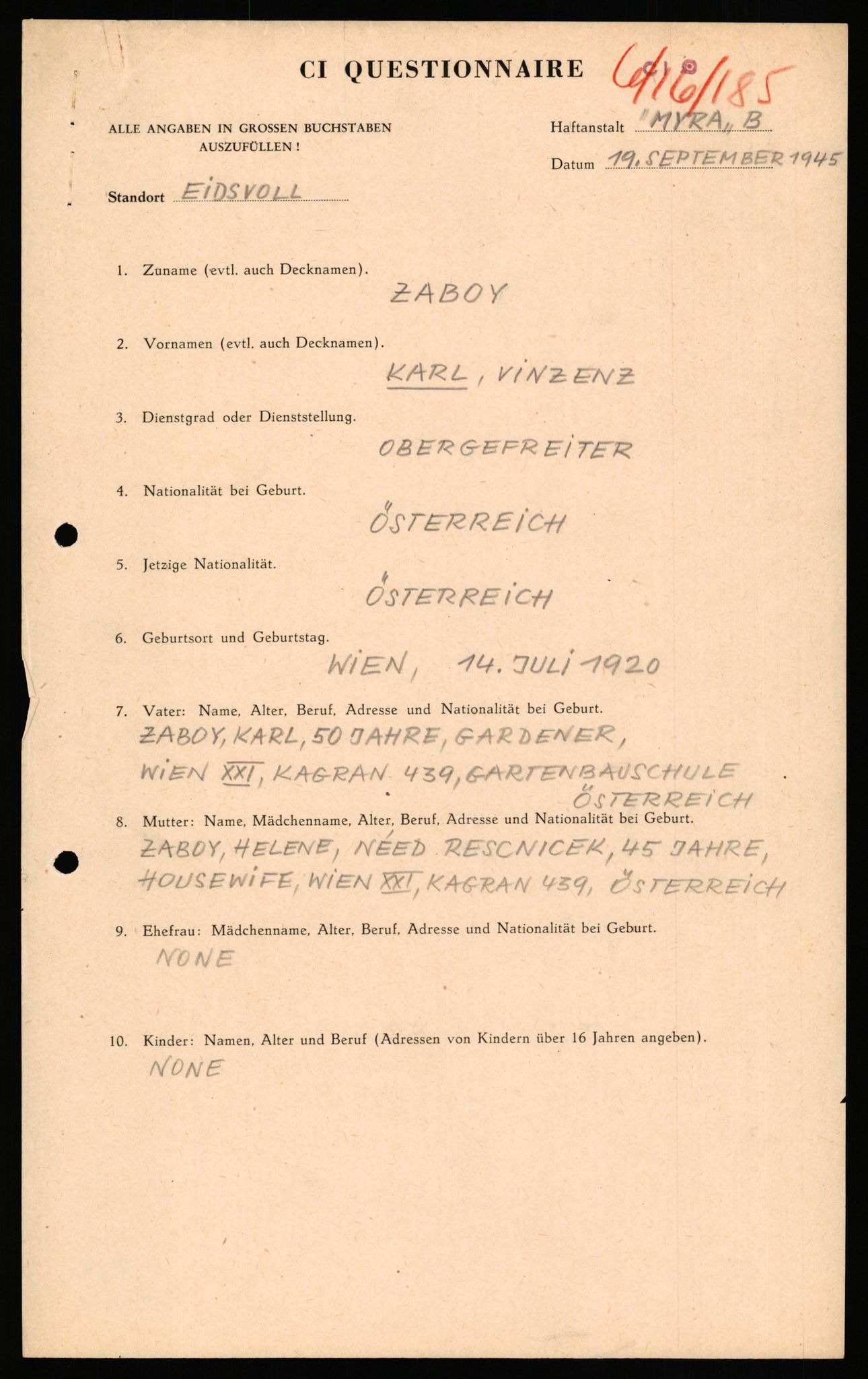 Forsvaret, Forsvarets overkommando II, AV/RA-RAFA-3915/D/Db/L0040: CI Questionaires. Tyske okkupasjonsstyrker i Norge. Østerrikere., 1945-1946, s. 452