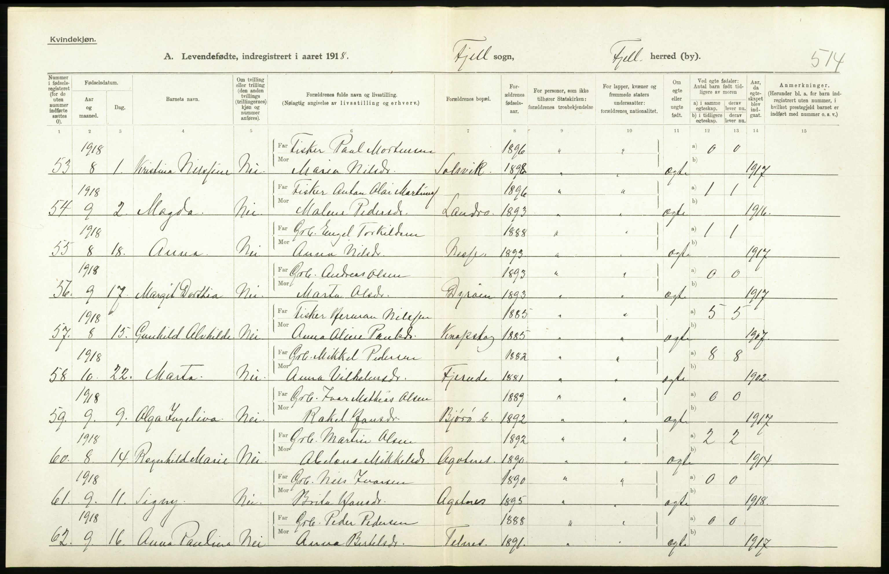 Statistisk sentralbyrå, Sosiodemografiske emner, Befolkning, RA/S-2228/D/Df/Dfb/Dfbh/L0034: Hordaland fylke: Levendefødte menn og kvinner. Bygder., 1918, s. 38