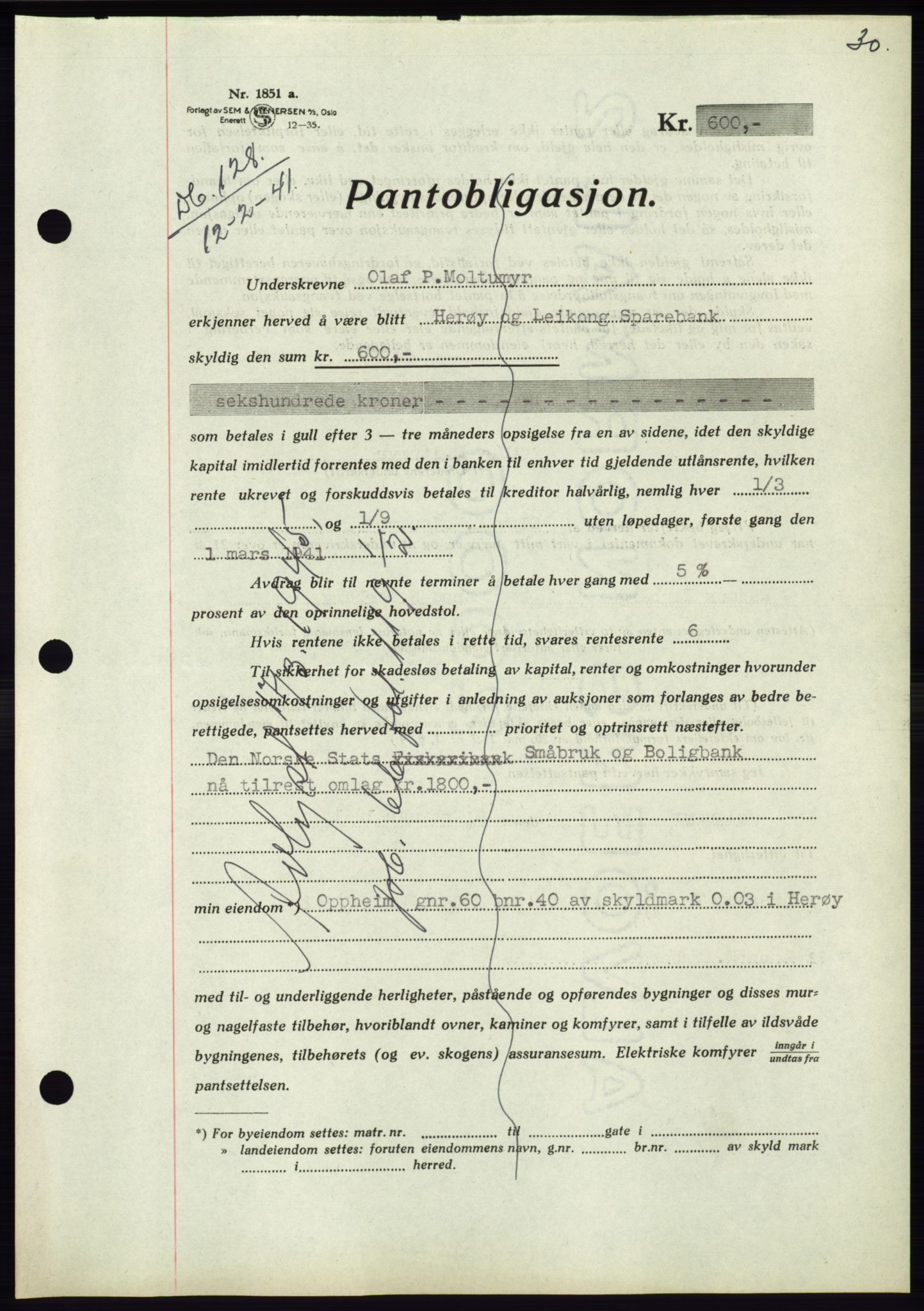 Søre Sunnmøre sorenskriveri, AV/SAT-A-4122/1/2/2C/L0071: Pantebok nr. 65, 1941-1941, Dagboknr: 128/1941