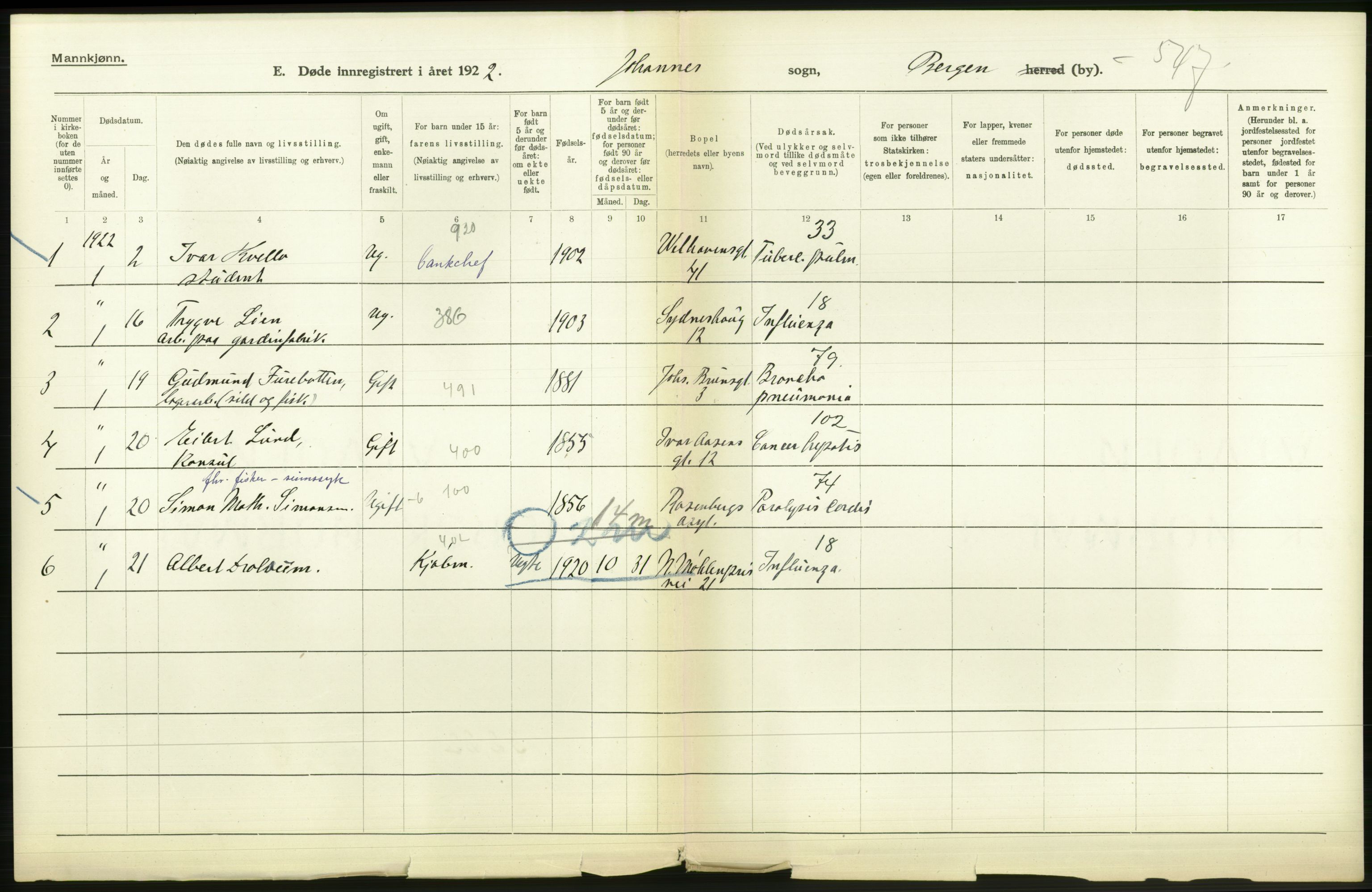 Statistisk sentralbyrå, Sosiodemografiske emner, Befolkning, AV/RA-S-2228/D/Df/Dfc/Dfcb/L0030: Bergen: Gifte, døde, dødfødte., 1922, s. 634