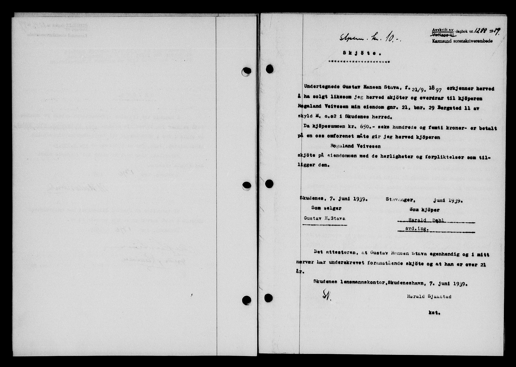 Karmsund sorenskriveri, SAST/A-100311/01/II/IIB/L0071: Pantebok nr. 52A, 1939-1939, Dagboknr: 1288/1939