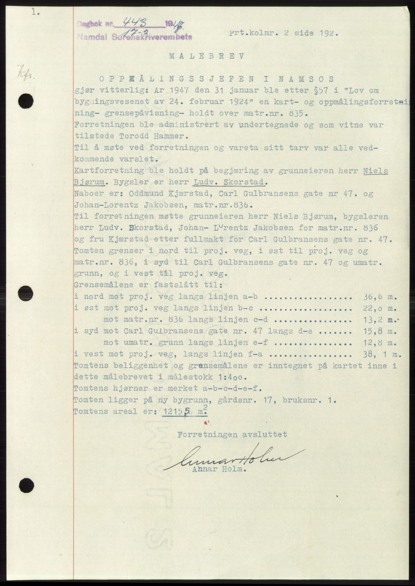 Namdal sorenskriveri, SAT/A-4133/1/2/2C: Pantebok nr. -, 1946-1947, Dagboknr: 443/1947