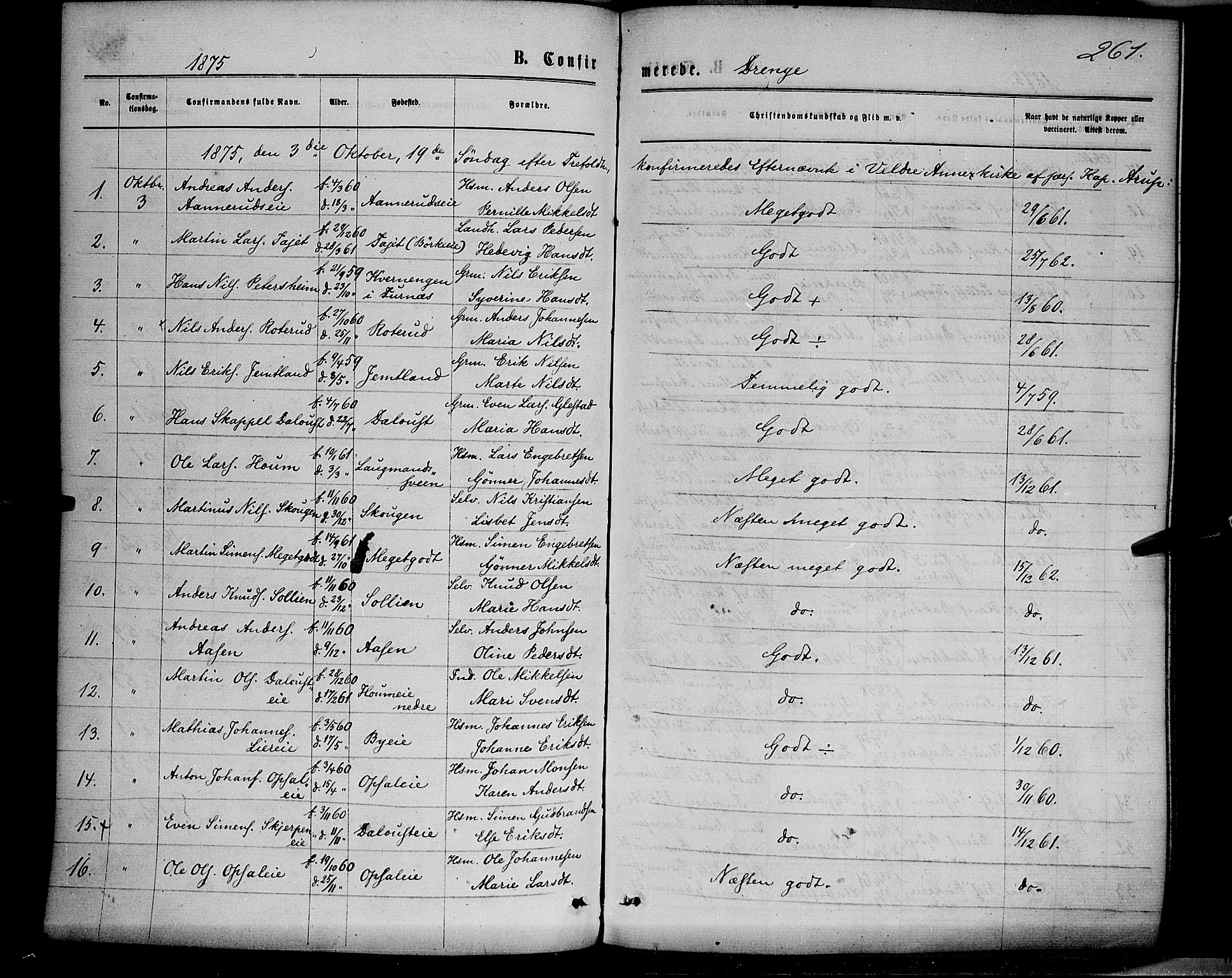 Ringsaker prestekontor, AV/SAH-PREST-014/K/Ka/L0011: Ministerialbok nr. 11, 1870-1878, s. 261