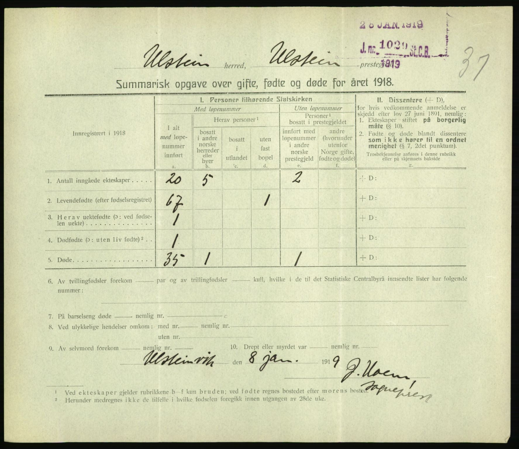 Statistisk sentralbyrå, Sosiodemografiske emner, Befolkning, RA/S-2228/D/Df/Dfb/Dfbh/L0059: Summariske oppgaver over gifte, fødte og døde for hele landet., 1918, s. 1121