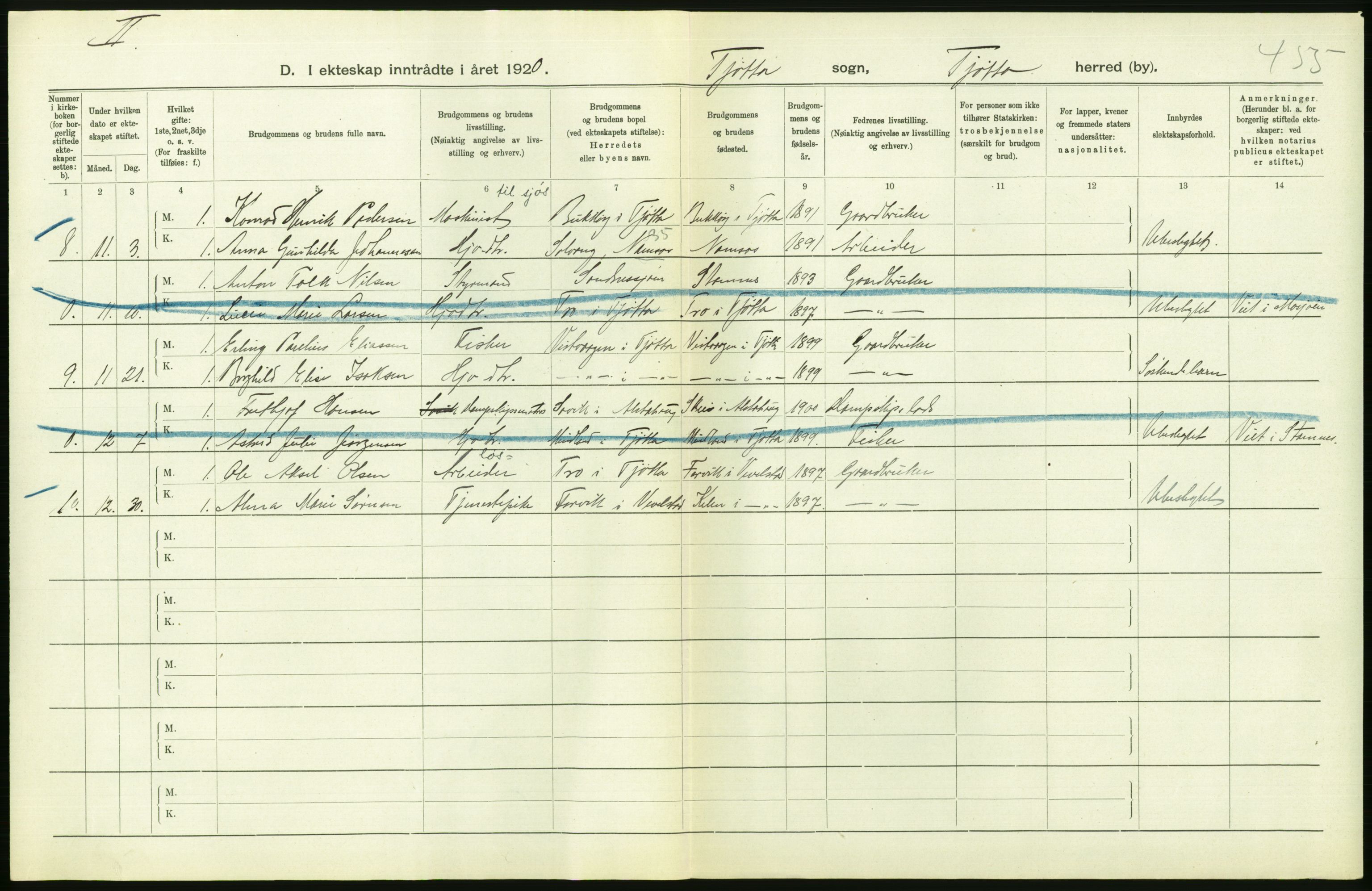 Statistisk sentralbyrå, Sosiodemografiske emner, Befolkning, RA/S-2228/D/Df/Dfb/Dfbj/L0057: Nordland fylke: Gifte, dødfødte. Bygder og byer., 1920, s. 66