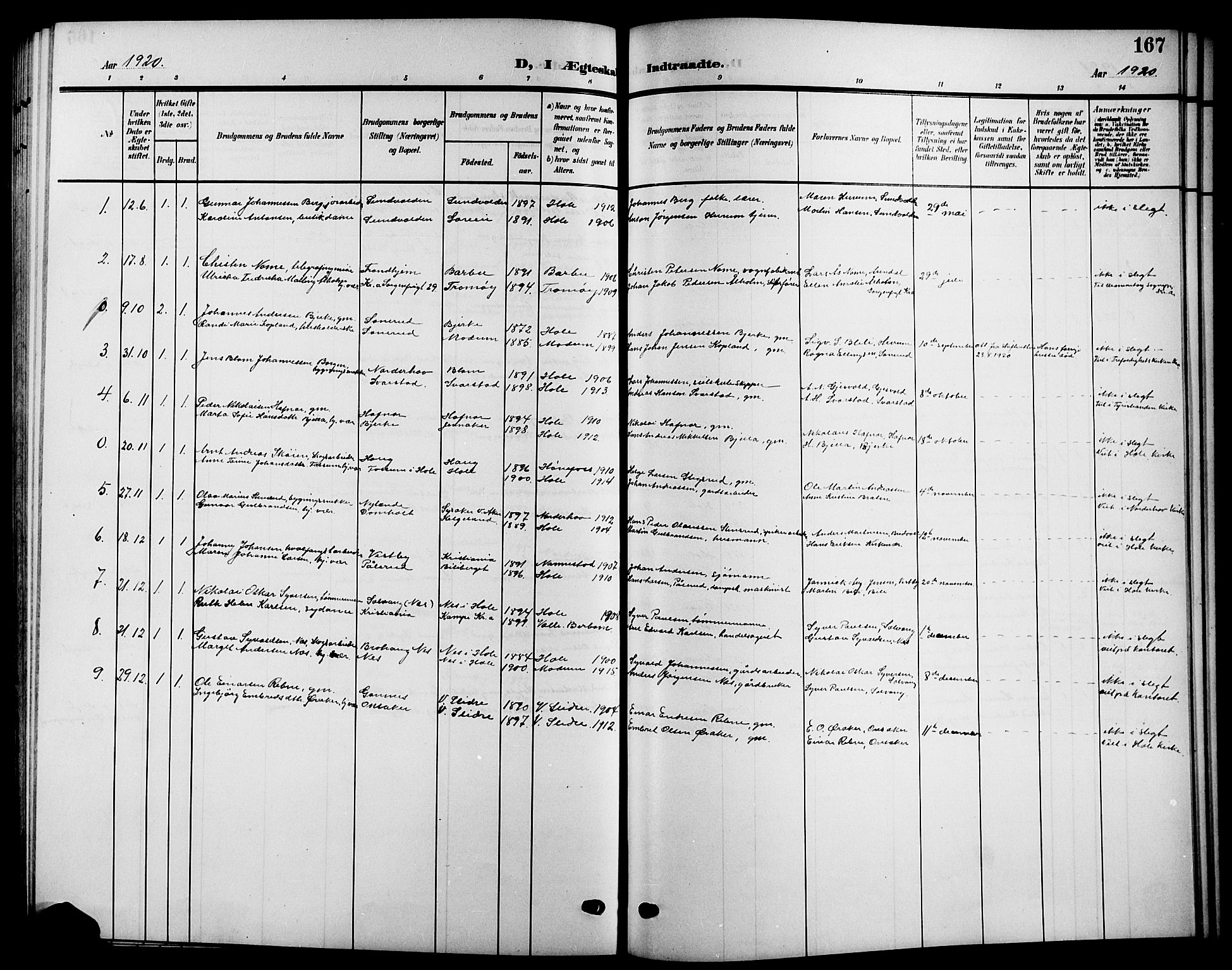 Hole kirkebøker, SAKO/A-228/G/Ga/L0004: Klokkerbok nr. I 4, 1905-1924, s. 167