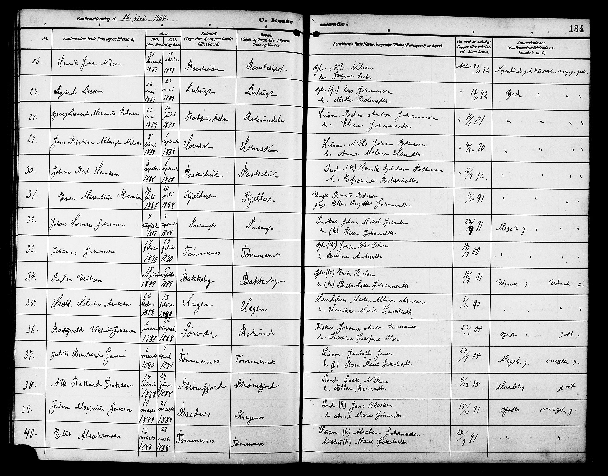 Skjervøy sokneprestkontor, AV/SATØ-S-1300/H/Ha/Hab/L0021klokker: Klokkerbok nr. 21, 1893-1910, s. 134