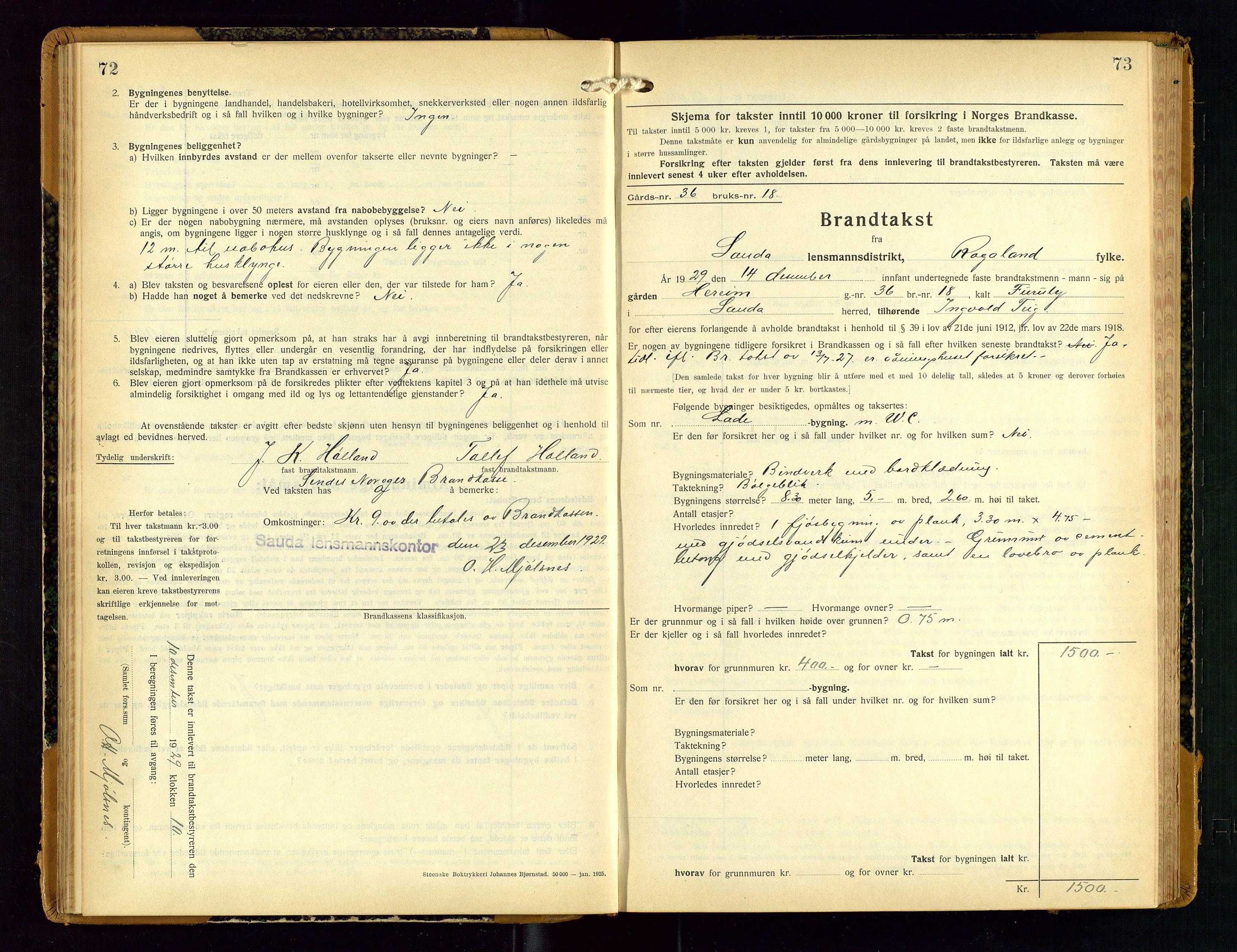 Sauda lensmannskontor, AV/SAST-A-100177/Gob/L0003: Branntakstprotokoll - skjematakst, 1928-1936, s. 72-73