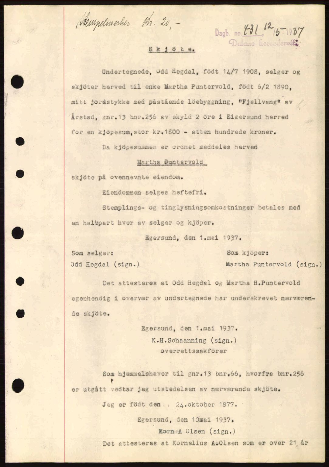 Dalane sorenskriveri, SAST/A-100309/02/G/Gb/L0041: Pantebok nr. A2, 1936-1937, Dagboknr: 431/1937
