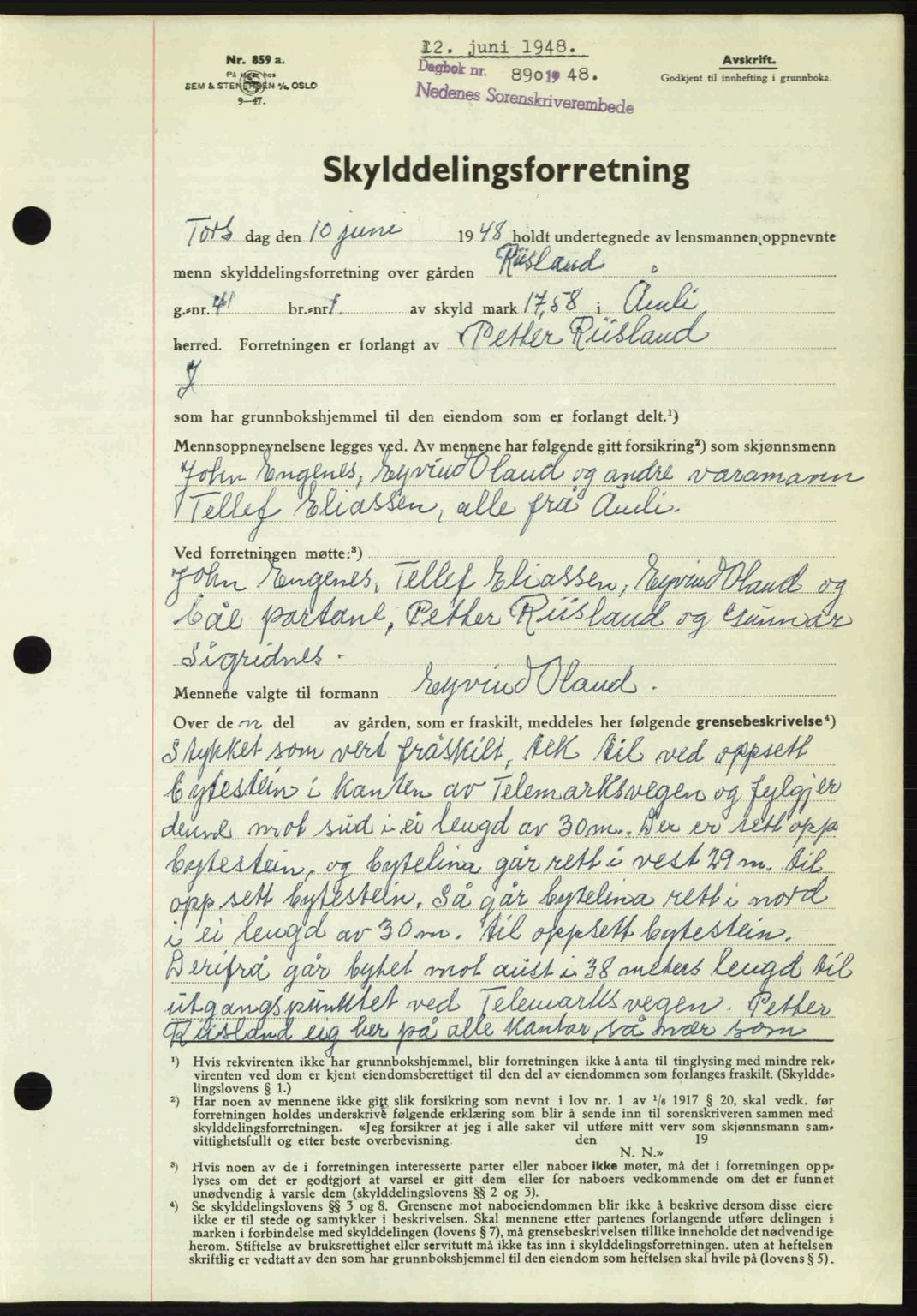 Nedenes sorenskriveri, AV/SAK-1221-0006/G/Gb/Gba/L0059: Pantebok nr. A11, 1948-1948, Dagboknr: 890/1948