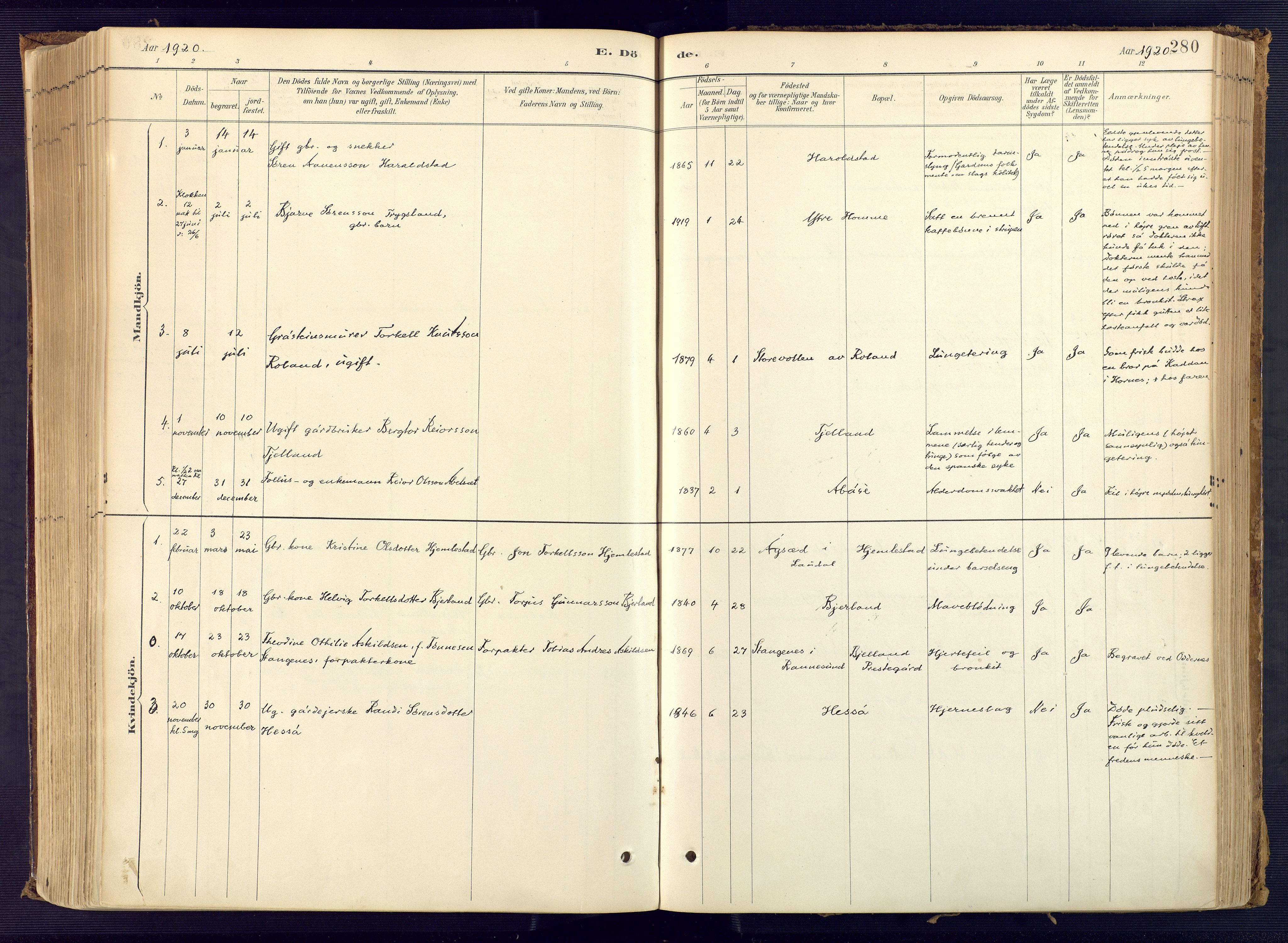 Bjelland sokneprestkontor, SAK/1111-0005/F/Fa/Faa/L0004: Ministerialbok nr. A 4, 1887-1923, s. 280