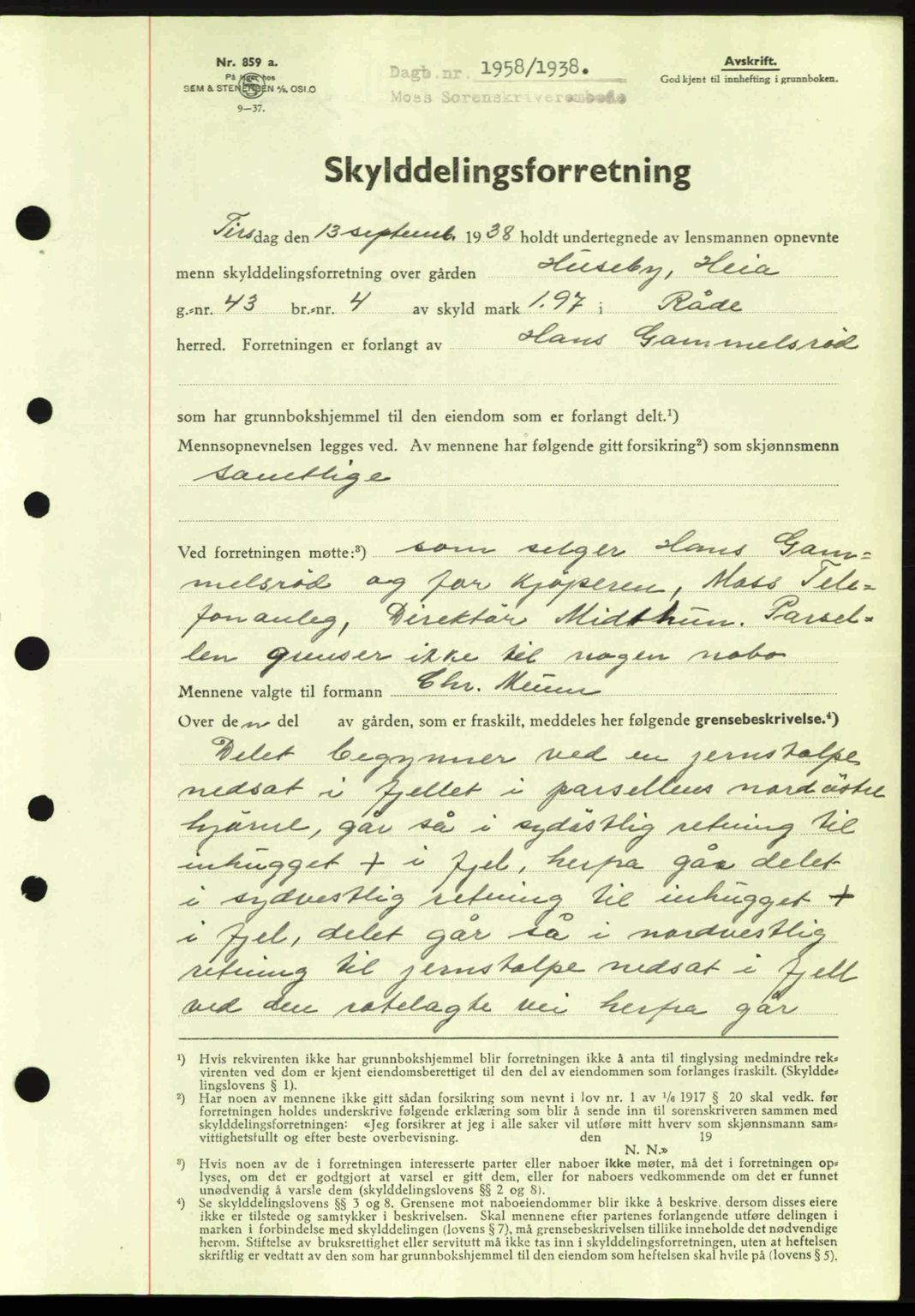 Moss sorenskriveri, SAO/A-10168: Pantebok nr. A4, 1938-1938, Dagboknr: 1958/1938