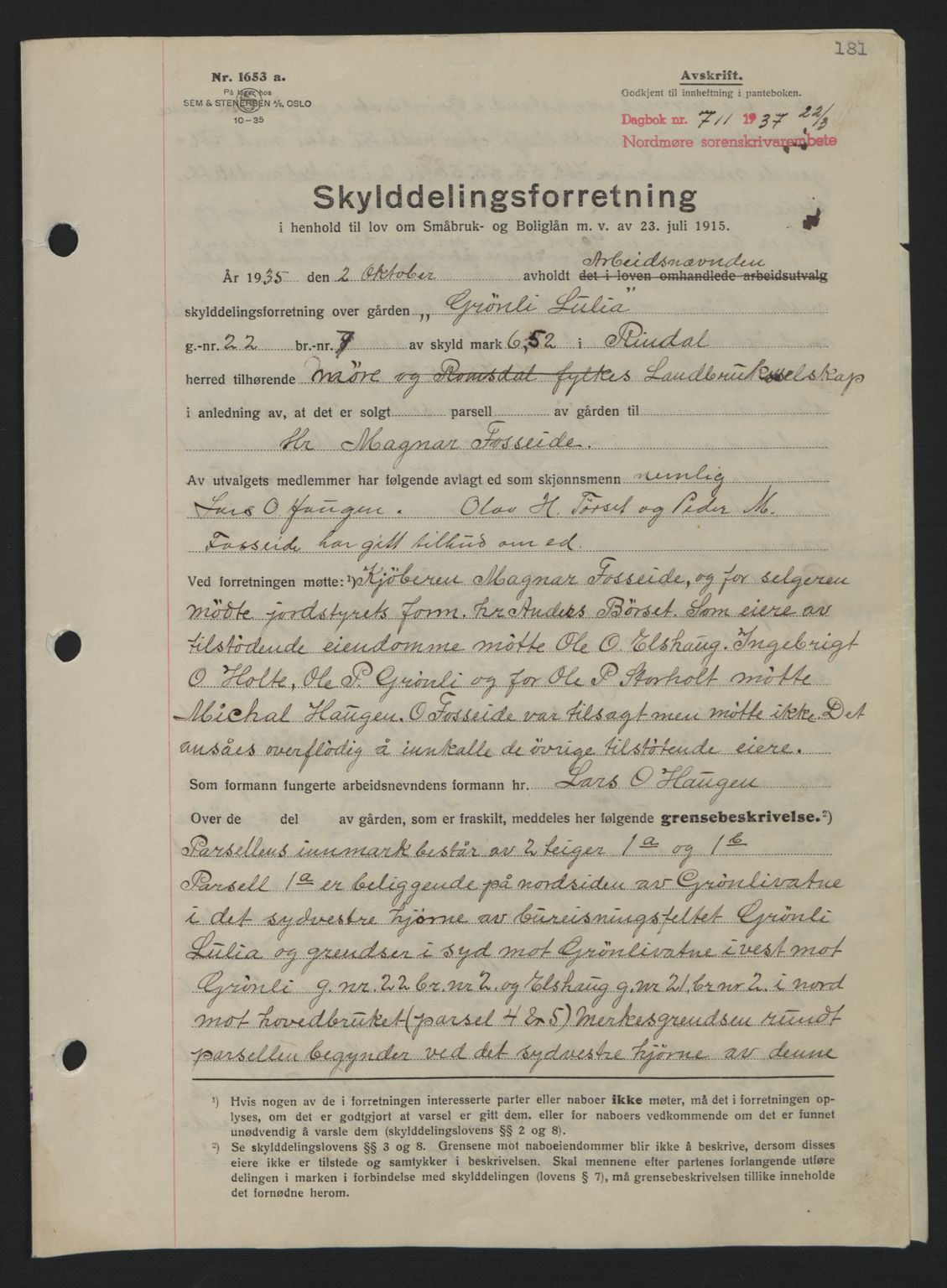 Nordmøre sorenskriveri, SAT/A-4132/1/2/2Ca: Pantebok nr. A81, 1937-1937, Dagboknr: 711/1937