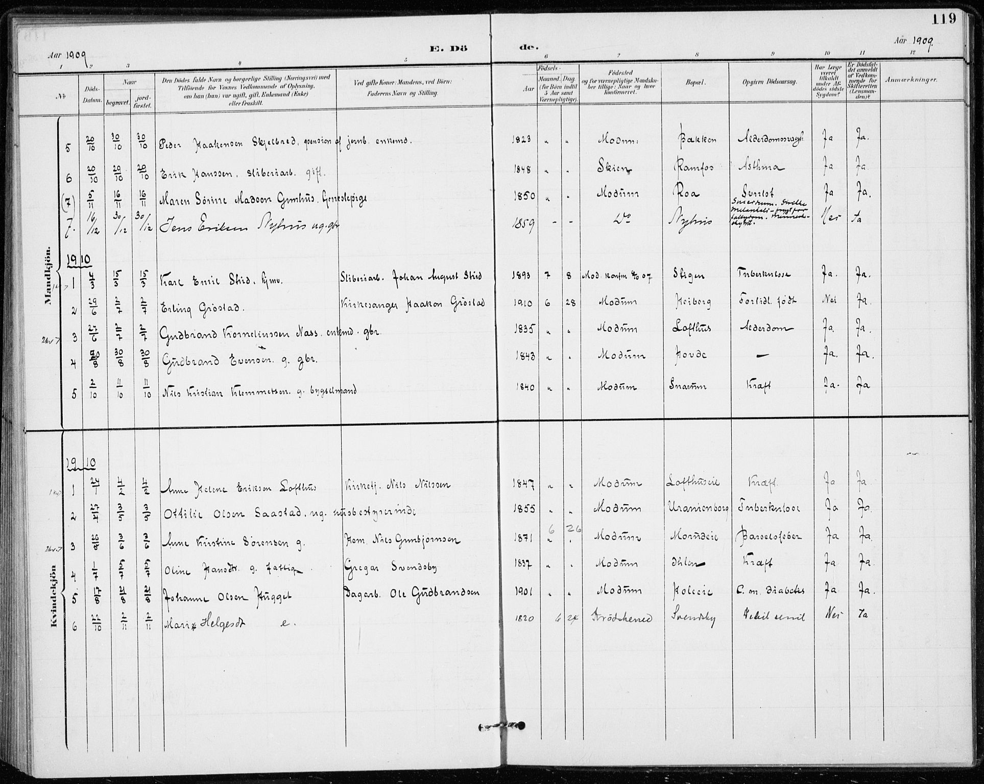 Modum kirkebøker, AV/SAKO-A-234/F/Fa/L0020: Ministerialbok nr. 20, 1900-1917, s. 119