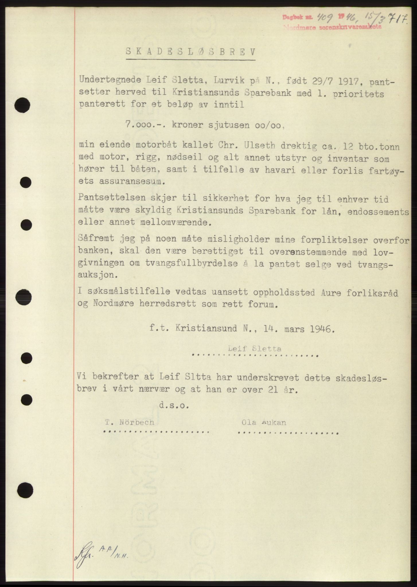 Nordmøre sorenskriveri, SAT/A-4132/1/2/2Ca: Pantebok nr. B93b, 1946-1946, Dagboknr: 409/1946