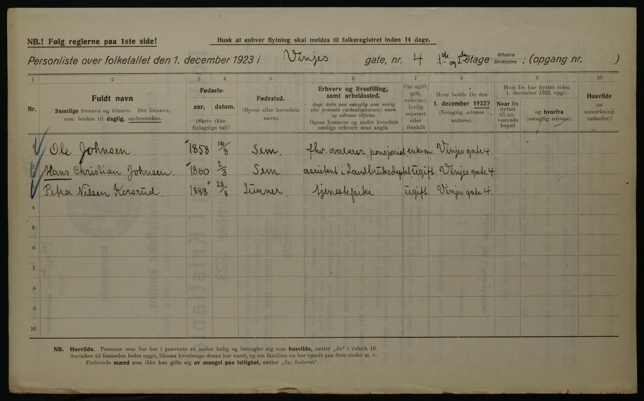 OBA, Kommunal folketelling 1.12.1923 for Kristiania, 1923, s. 3996