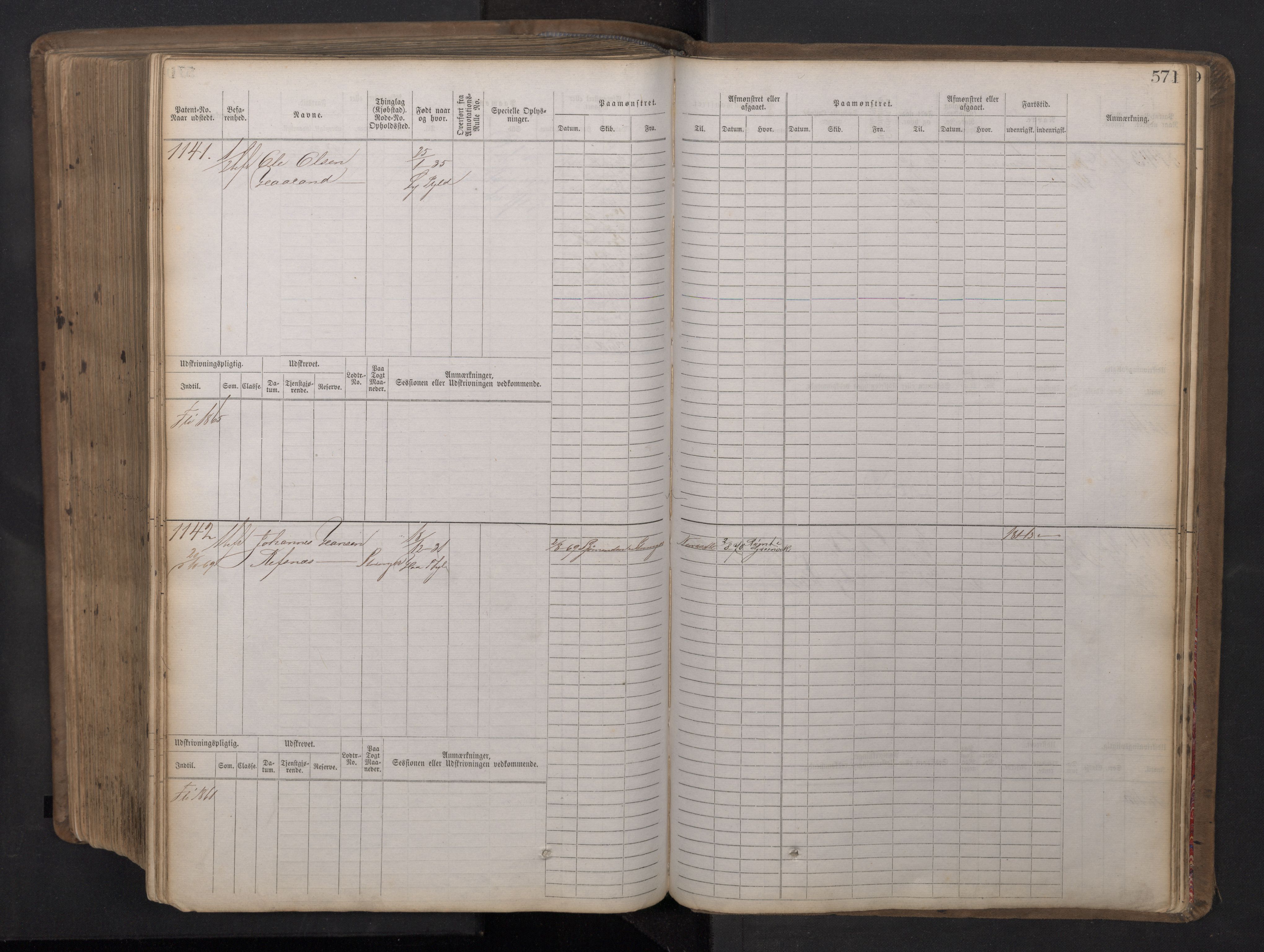 Stavanger sjømannskontor, AV/SAST-A-102006/F/Fb/Fbb/L0016: Sjøfartshovedrulle patnentnr. 1-1202 (dublett), 1869, s. 571