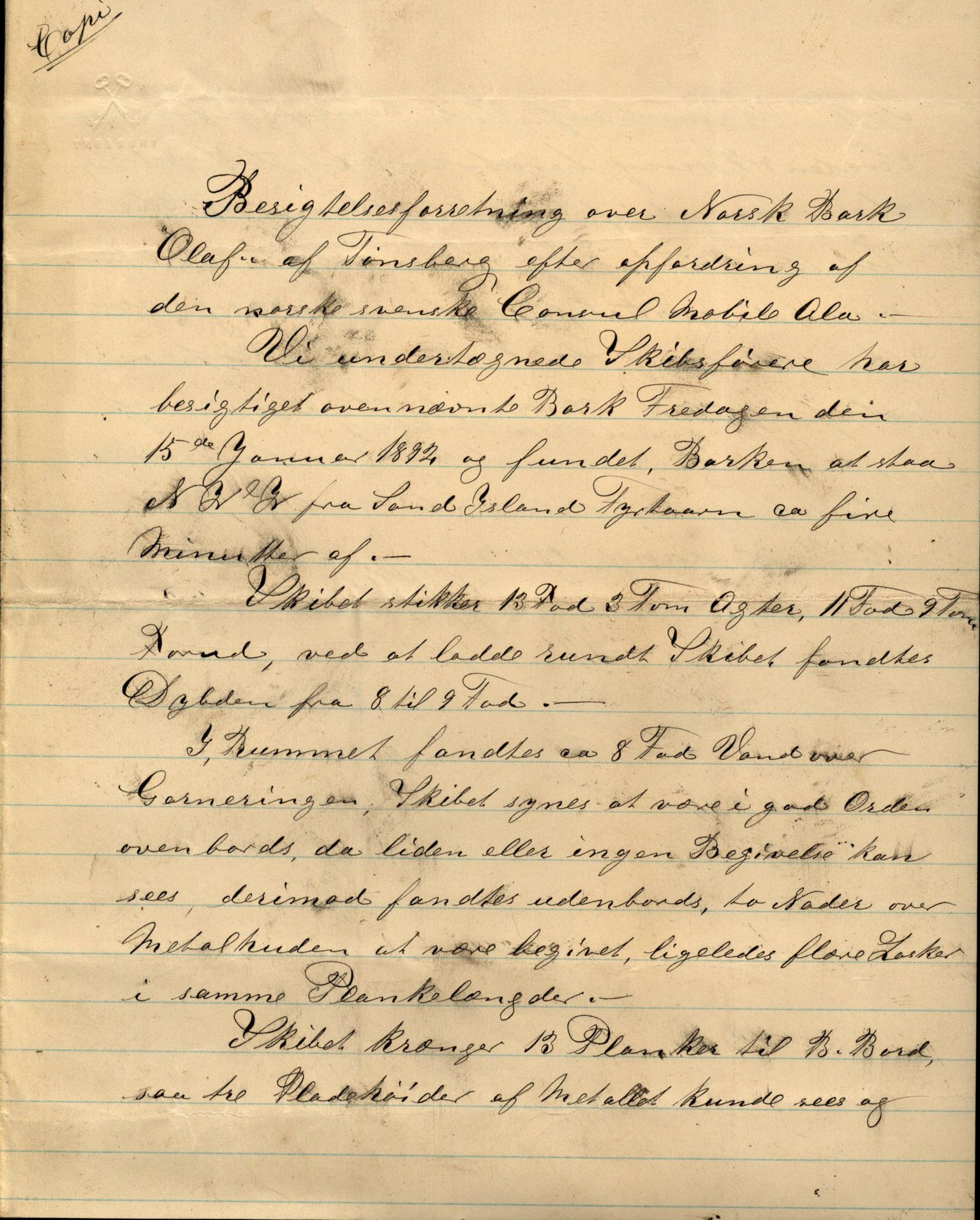 Pa 63 - Østlandske skibsassuranceforening, VEMU/A-1079/G/Ga/L0028/0005: Havaridokumenter / Tjømø, Magnolia, Caroline, Olaf, Stjernen, 1892, s. 127