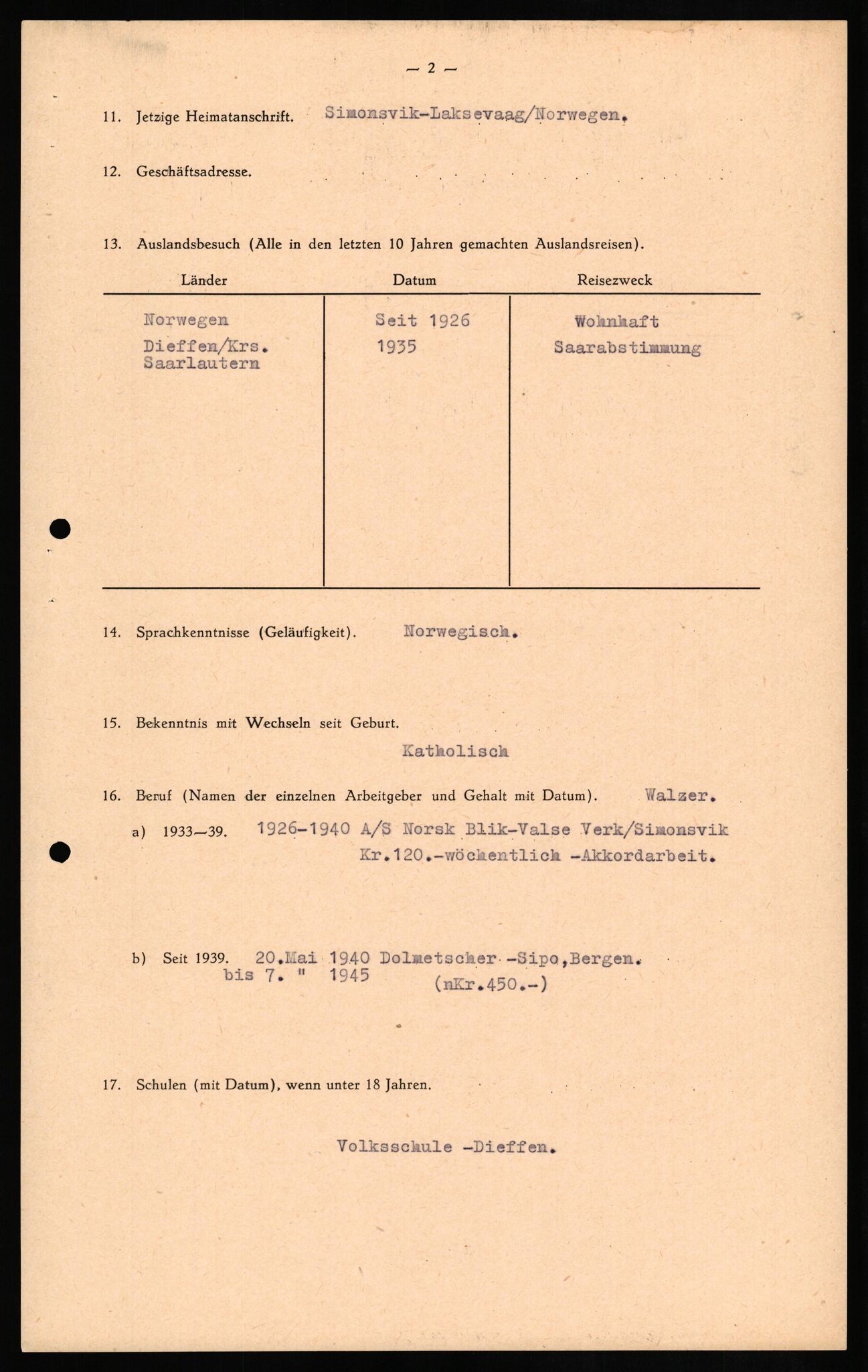 Forsvaret, Forsvarets overkommando II, RA/RAFA-3915/D/Db/L0019: CI Questionaires. Tyske okkupasjonsstyrker i Norge. Tyskere., 1945-1946, s. 503