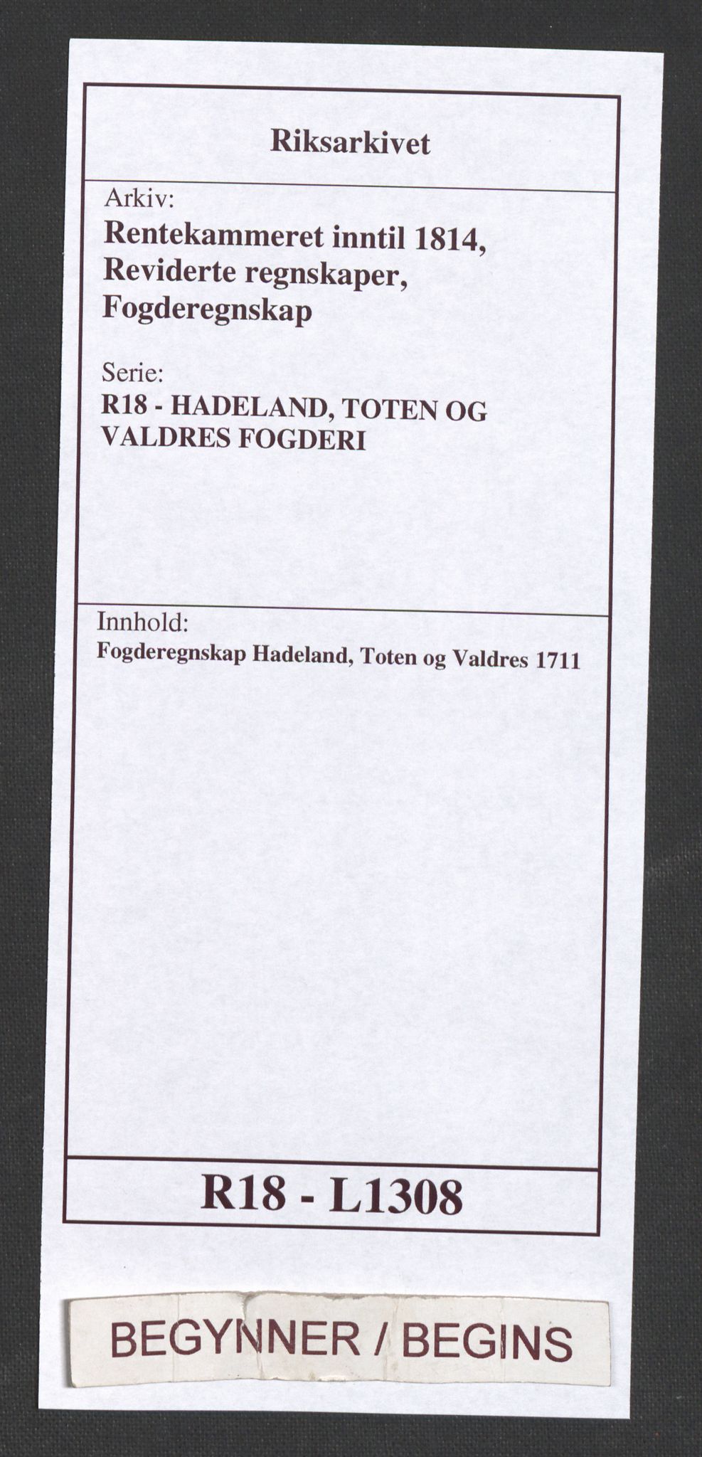 Rentekammeret inntil 1814, Reviderte regnskaper, Fogderegnskap, RA/EA-4092/R18/L1308: Fogderegnskap Hadeland, Toten og Valdres, 1711, s. 1