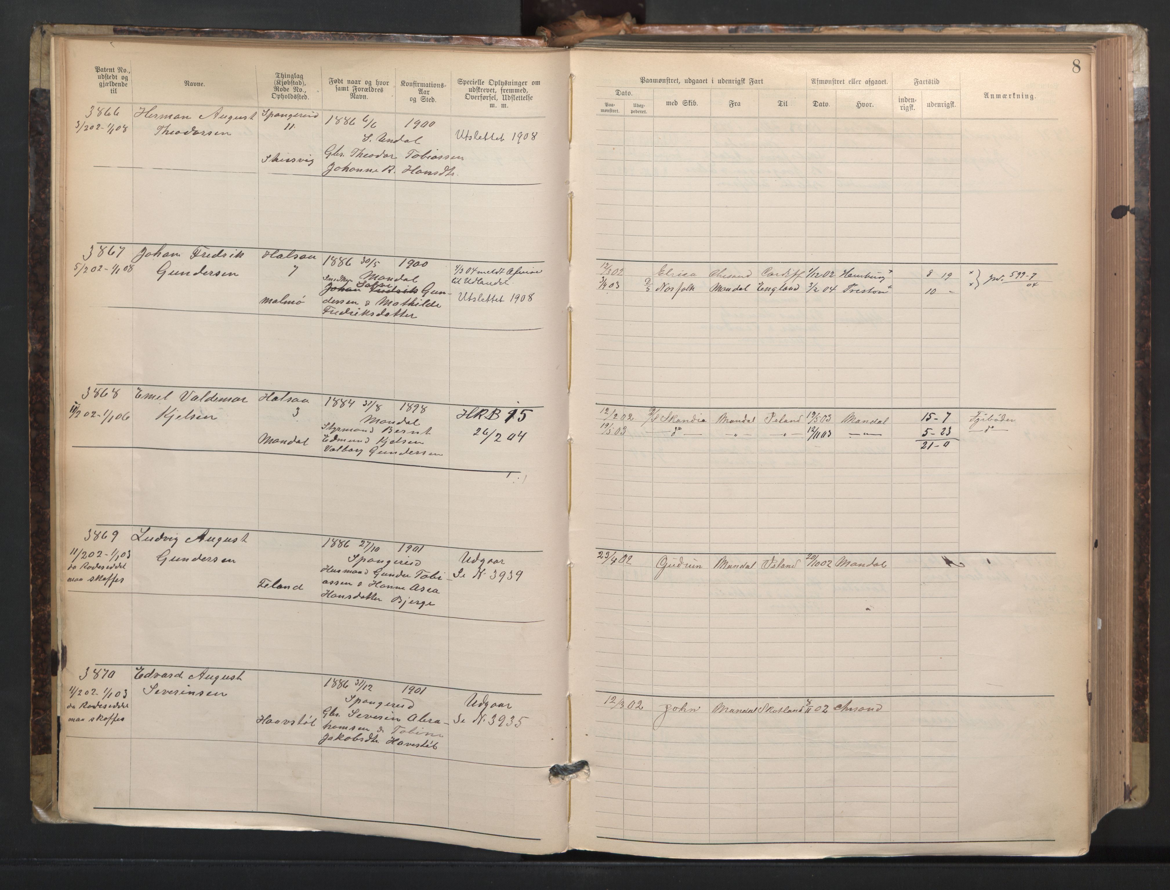 Mandal mønstringskrets, AV/SAK-2031-0016/F/Fa/L0003: Annotasjonsrulle nr 3831-4730 med register, L-5, 1900-1948, s. 32