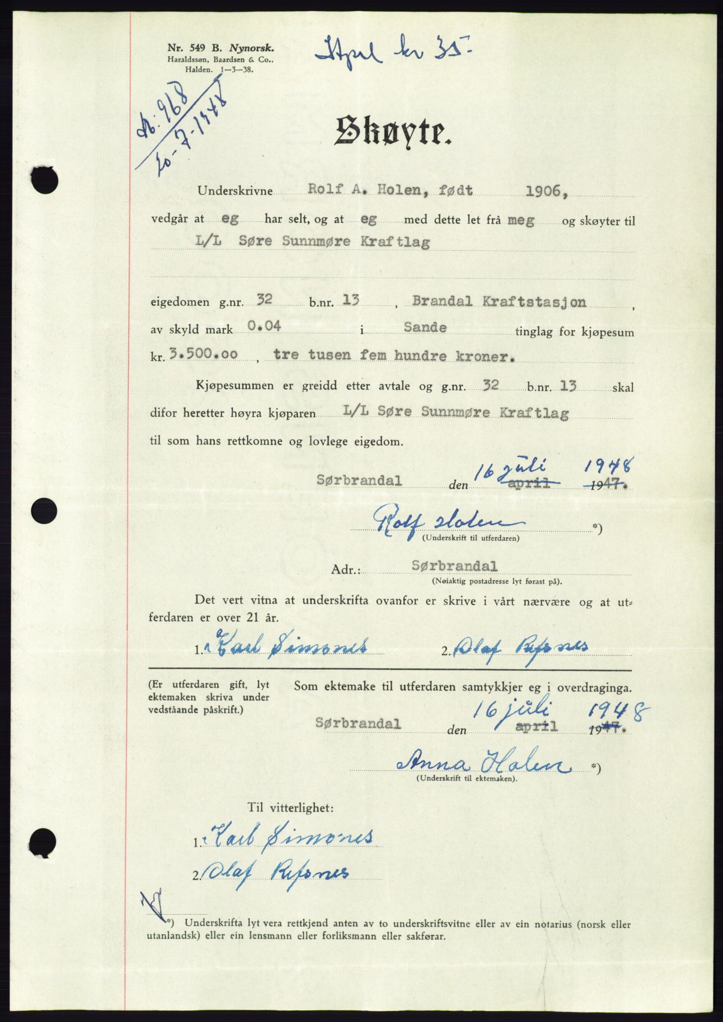 Søre Sunnmøre sorenskriveri, SAT/A-4122/1/2/2C/L0082: Pantebok nr. 8A, 1948-1948, Dagboknr: 968/1948