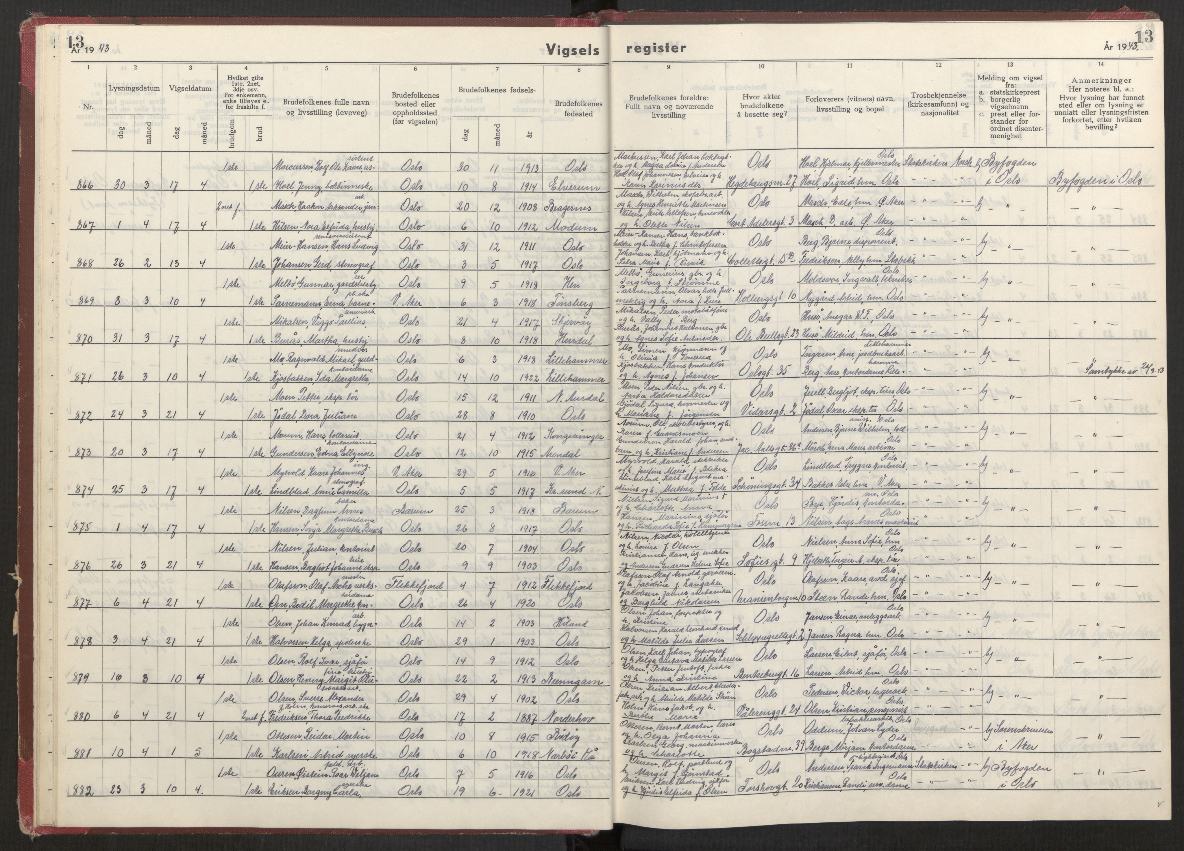 Oslo folkeregister, AV/SAO-A-10991/G/Ga/L0004: Vigselsregister for Oslo, 1943-1944, s. 13