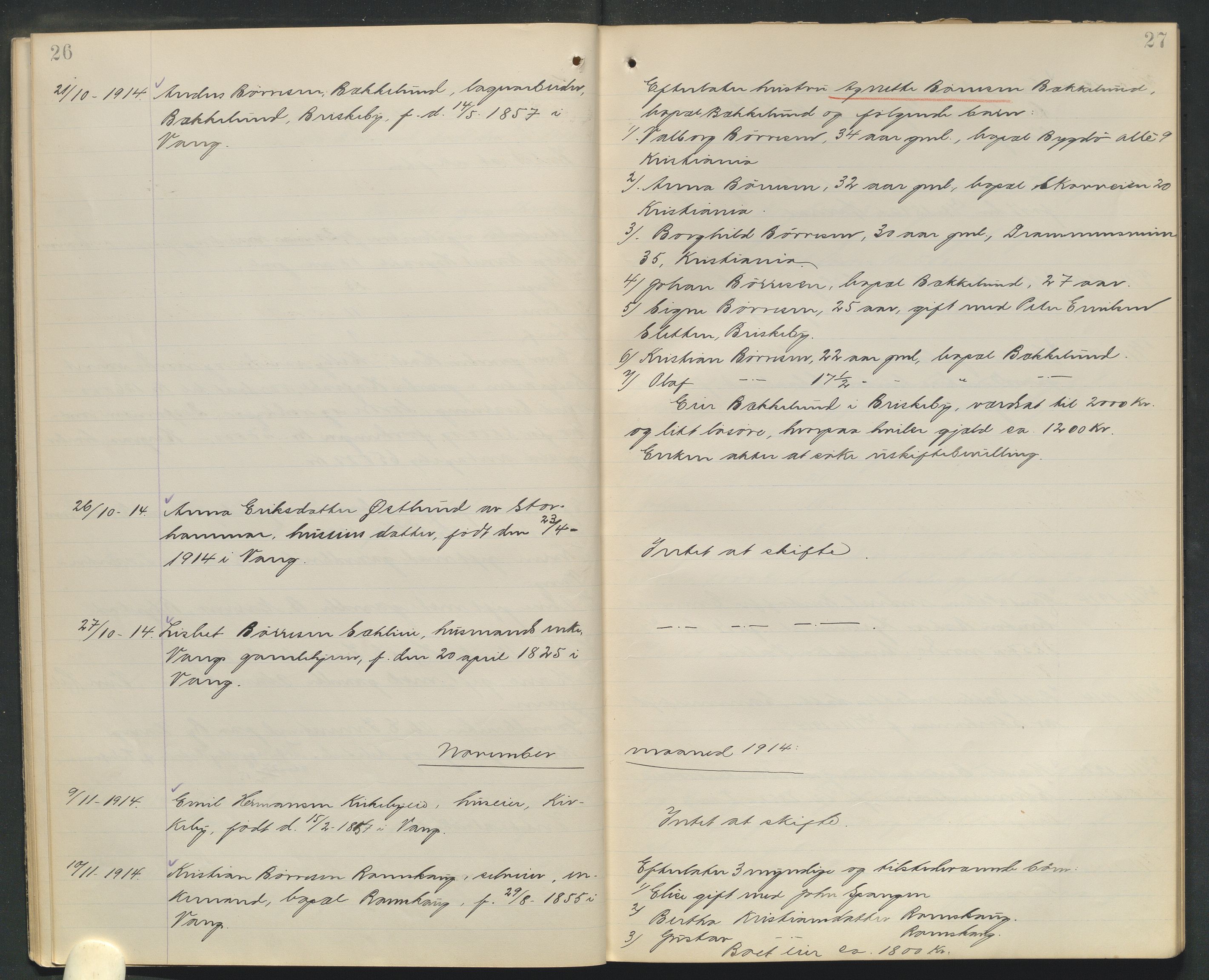 Nord-Hedmark sorenskriveri, AV/SAH-TING-012/J/Ji/L0010: Dødsfallsprotokoll - Vang, 1913-1916, s. 26-27