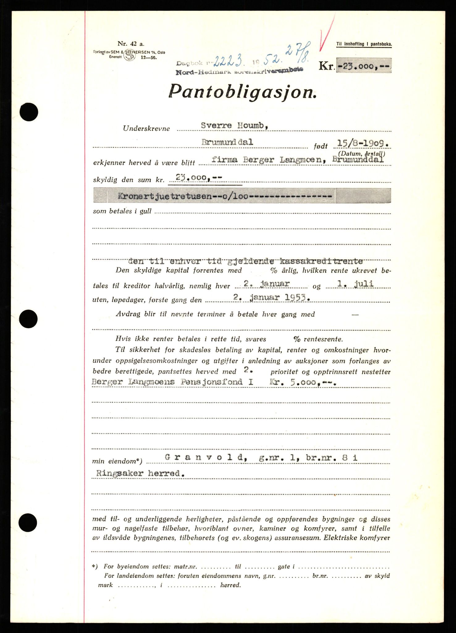 Nord-Hedmark sorenskriveri, SAH/TING-012/H/Hb/Hbf/L0025: Pantebok nr. B25, 1952-1952, Dagboknr: 2223/1952