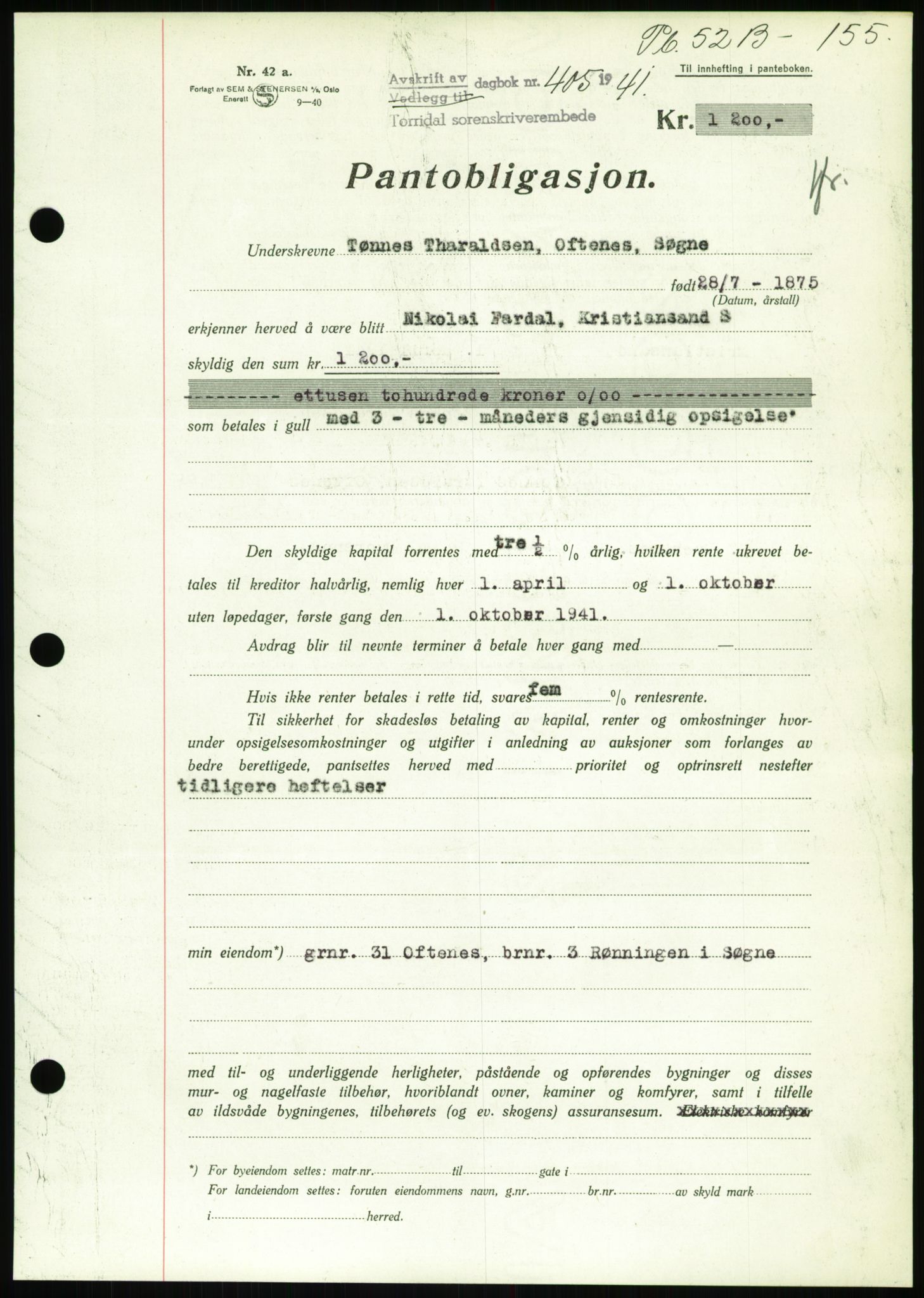 Torridal sorenskriveri, SAK/1221-0012/G/Gb/Gbb/L0008: Pantebok nr. 52b, 1940-1942, Dagboknr: 405/1941