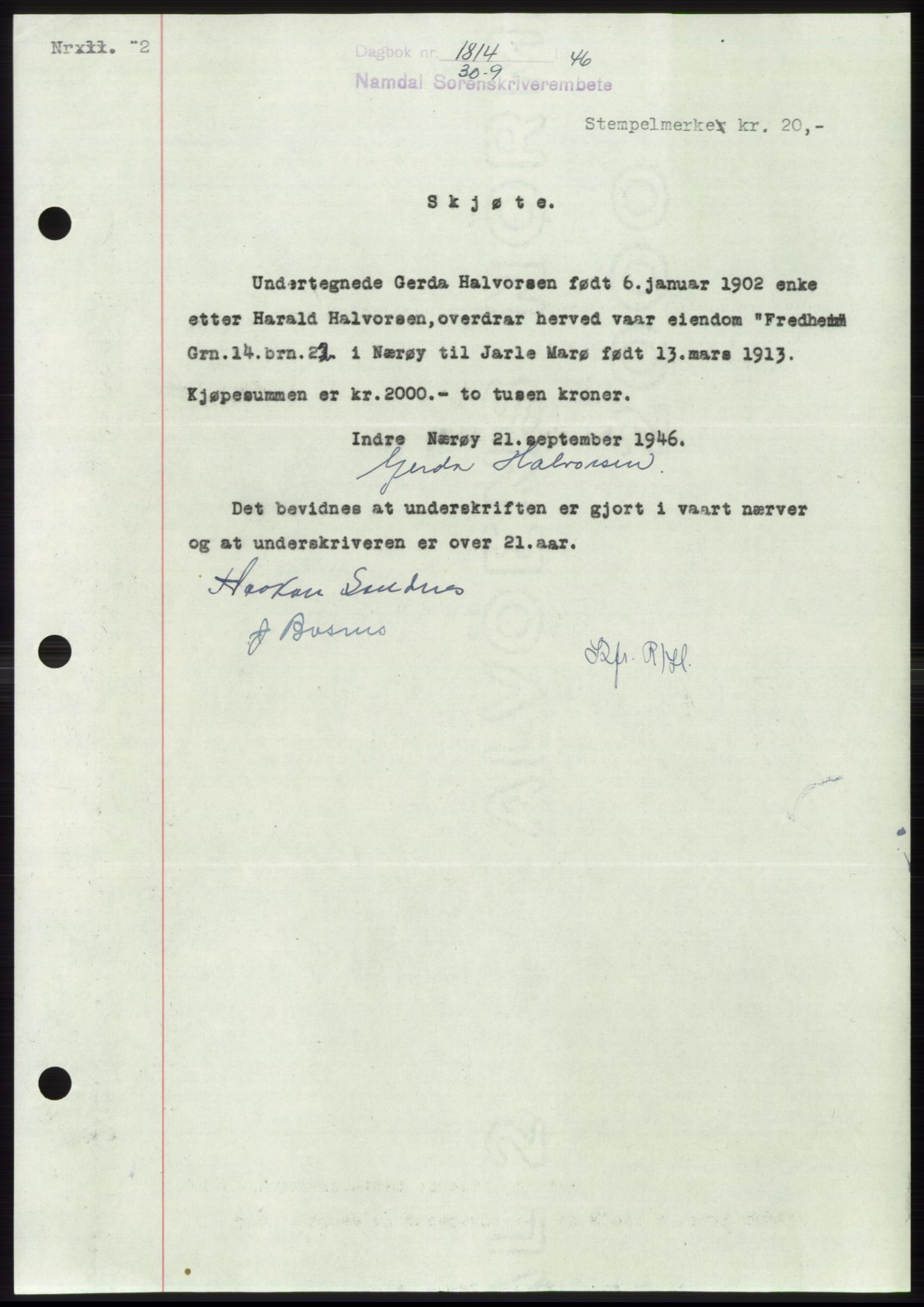 Namdal sorenskriveri, SAT/A-4133/1/2/2C: Pantebok nr. -, 1946-1947, Dagboknr: 1814/1946