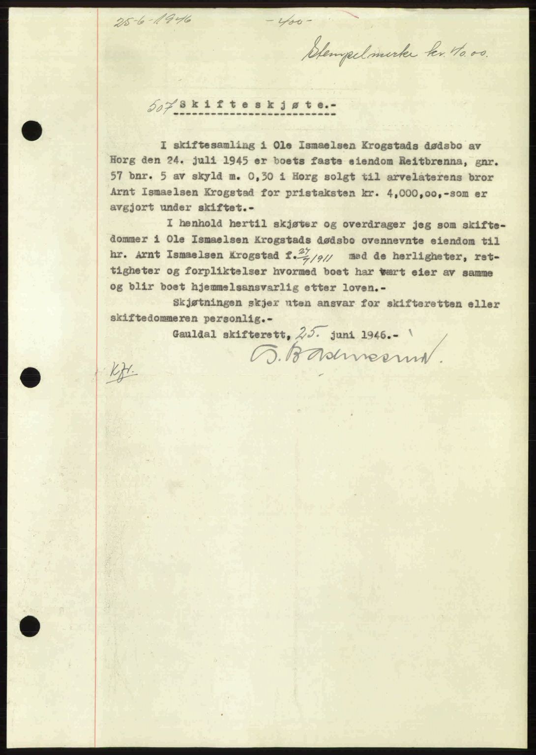 Gauldal sorenskriveri, SAT/A-0014/1/2/2C: Pantebok nr. A2, 1946-1946, Dagboknr: 507/1946