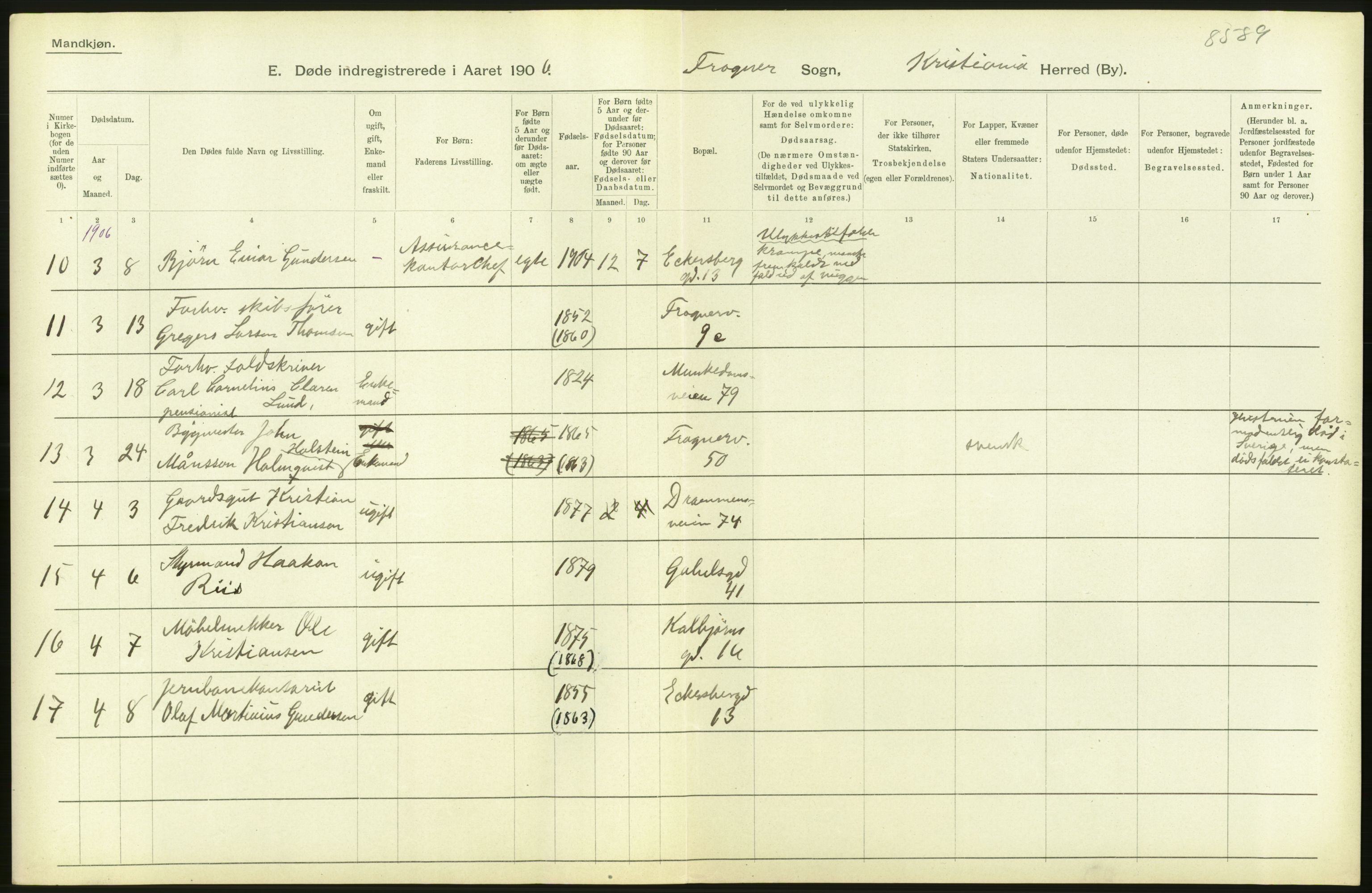 Statistisk sentralbyrå, Sosiodemografiske emner, Befolkning, AV/RA-S-2228/D/Df/Dfa/Dfad/L0009: Kristiania: Døde, 1906, s. 476