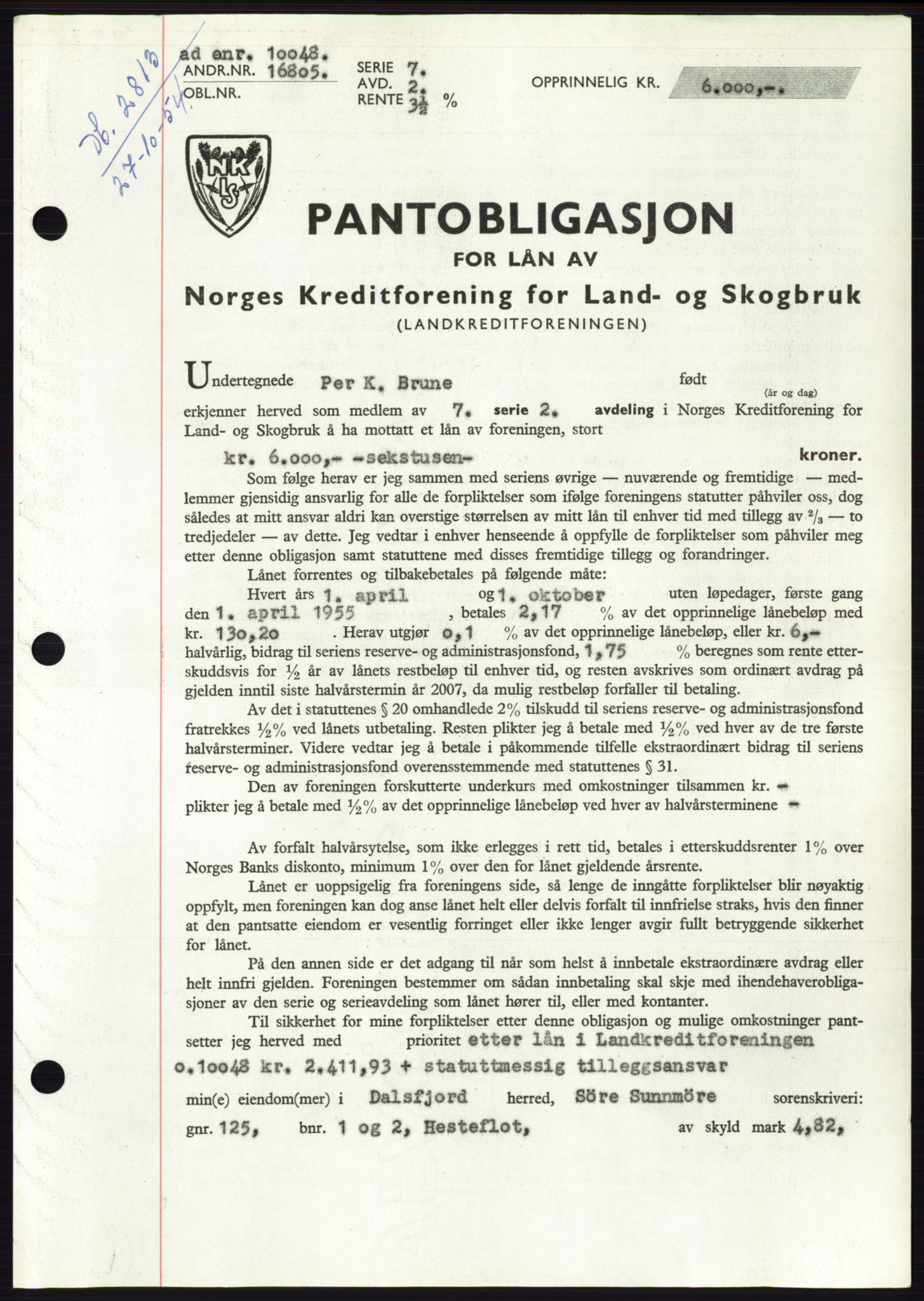 Søre Sunnmøre sorenskriveri, AV/SAT-A-4122/1/2/2C/L0126: Pantebok nr. 14B, 1954-1955, Dagboknr: 2813/1954