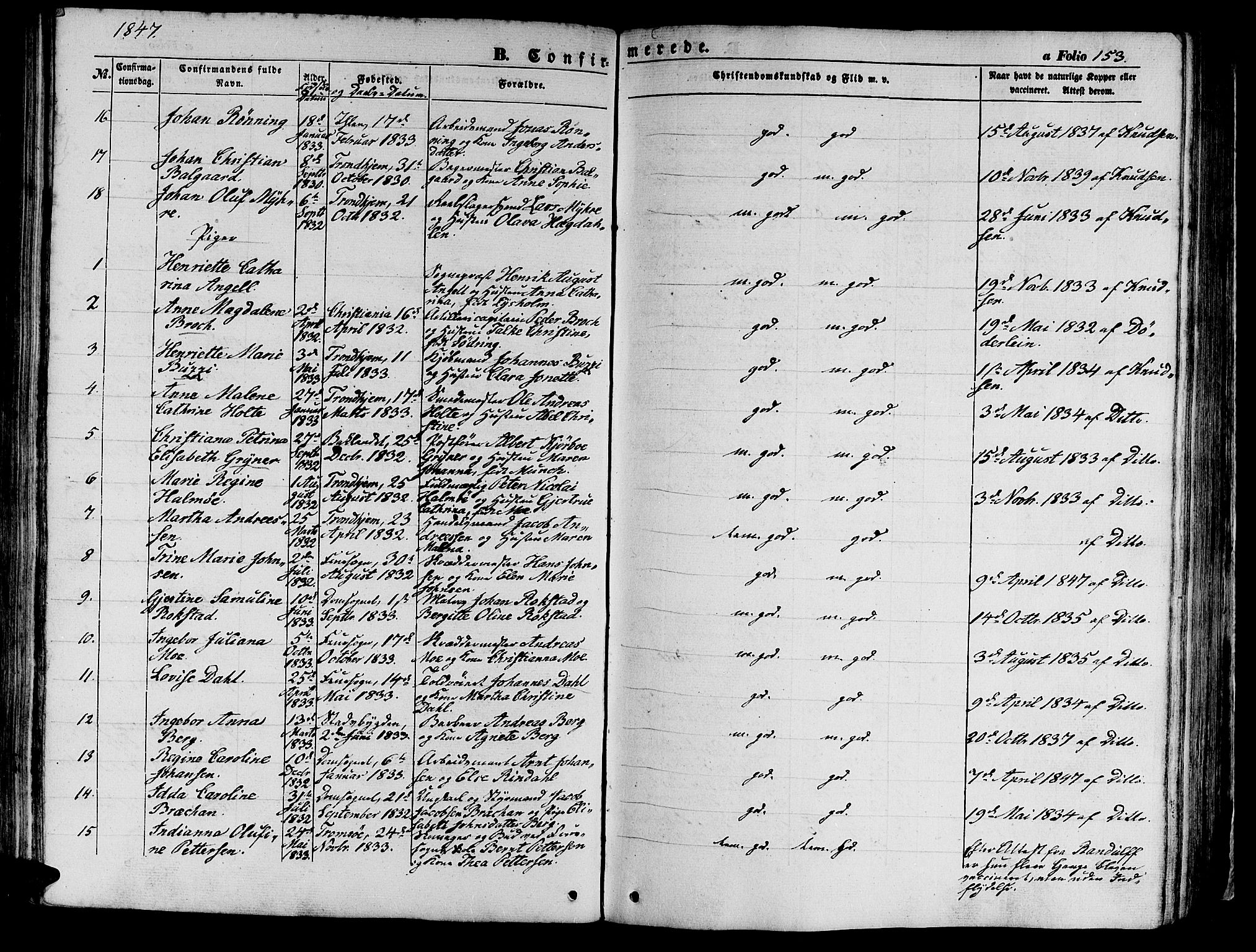 Ministerialprotokoller, klokkerbøker og fødselsregistre - Sør-Trøndelag, SAT/A-1456/602/L0137: Klokkerbok nr. 602C05, 1846-1856, s. 153