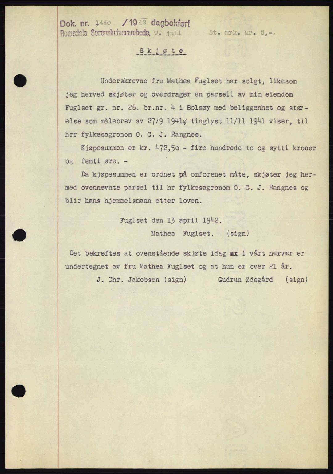 Romsdal sorenskriveri, SAT/A-4149/1/2/2C: Pantebok nr. A12, 1942-1942, Dagboknr: 1440/1942